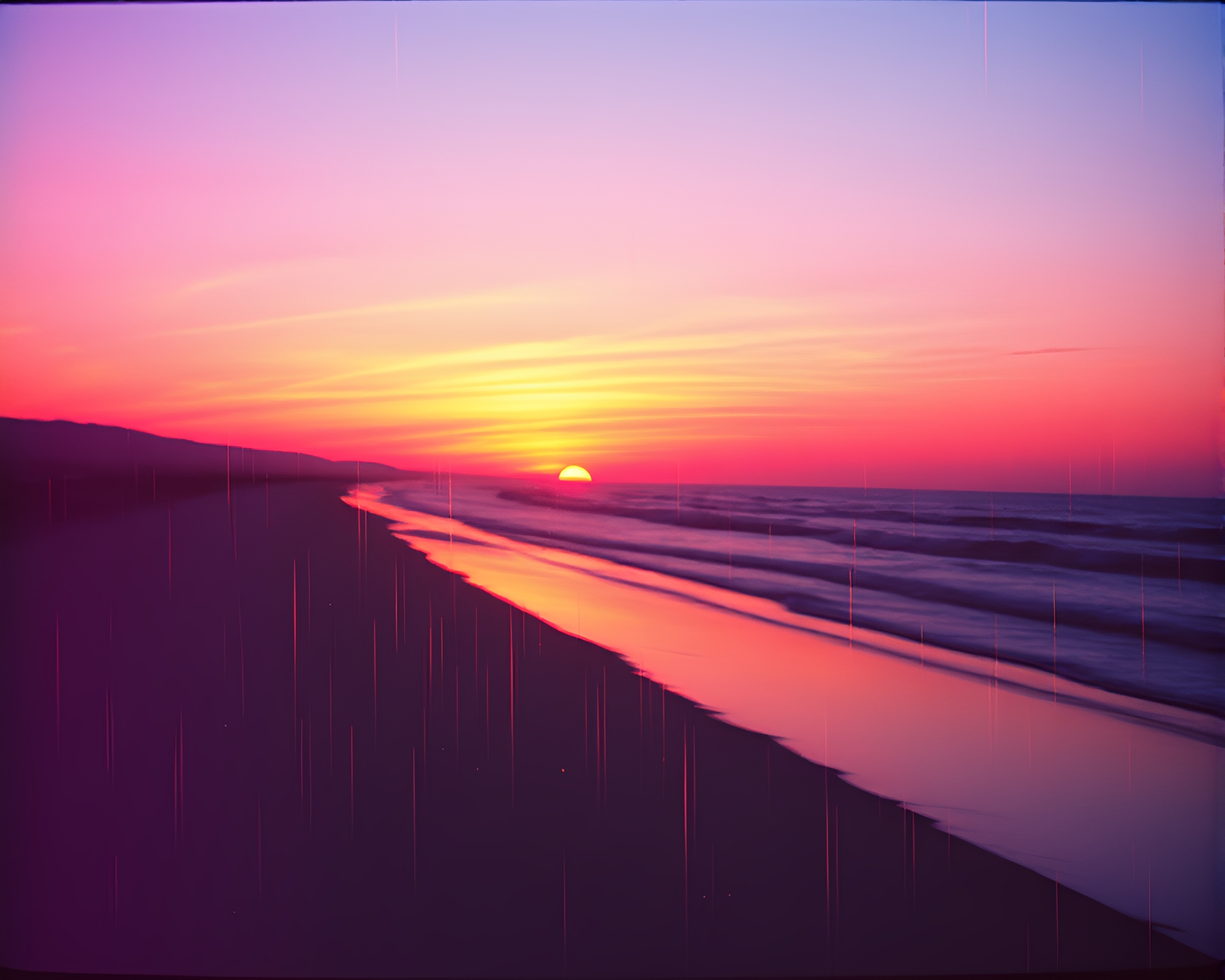 Vaporwave Sunset with Metallic Scratches – free AI stock image