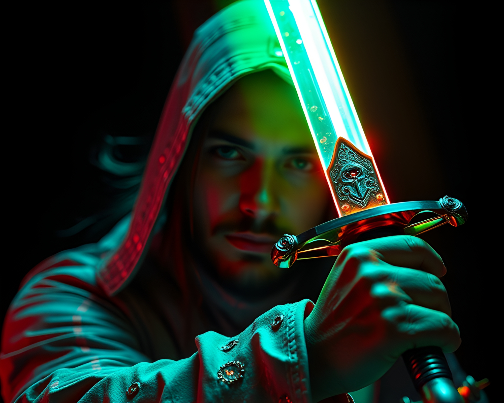 Neon Fractal Samurai in Candid Blade Encounter – free AI stock image