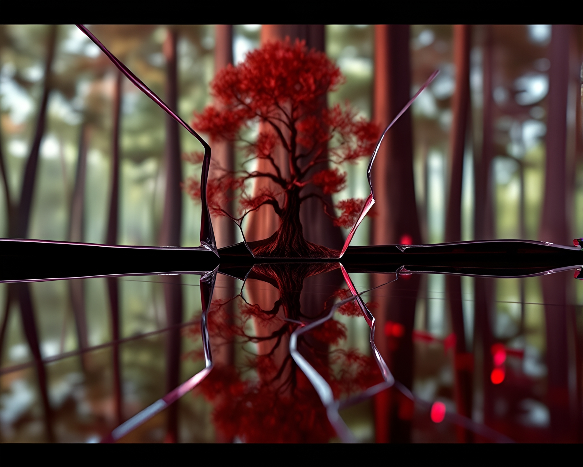Origami Redwood Tree Reflecting Broken Glass in Crimson Light – free AI stock image