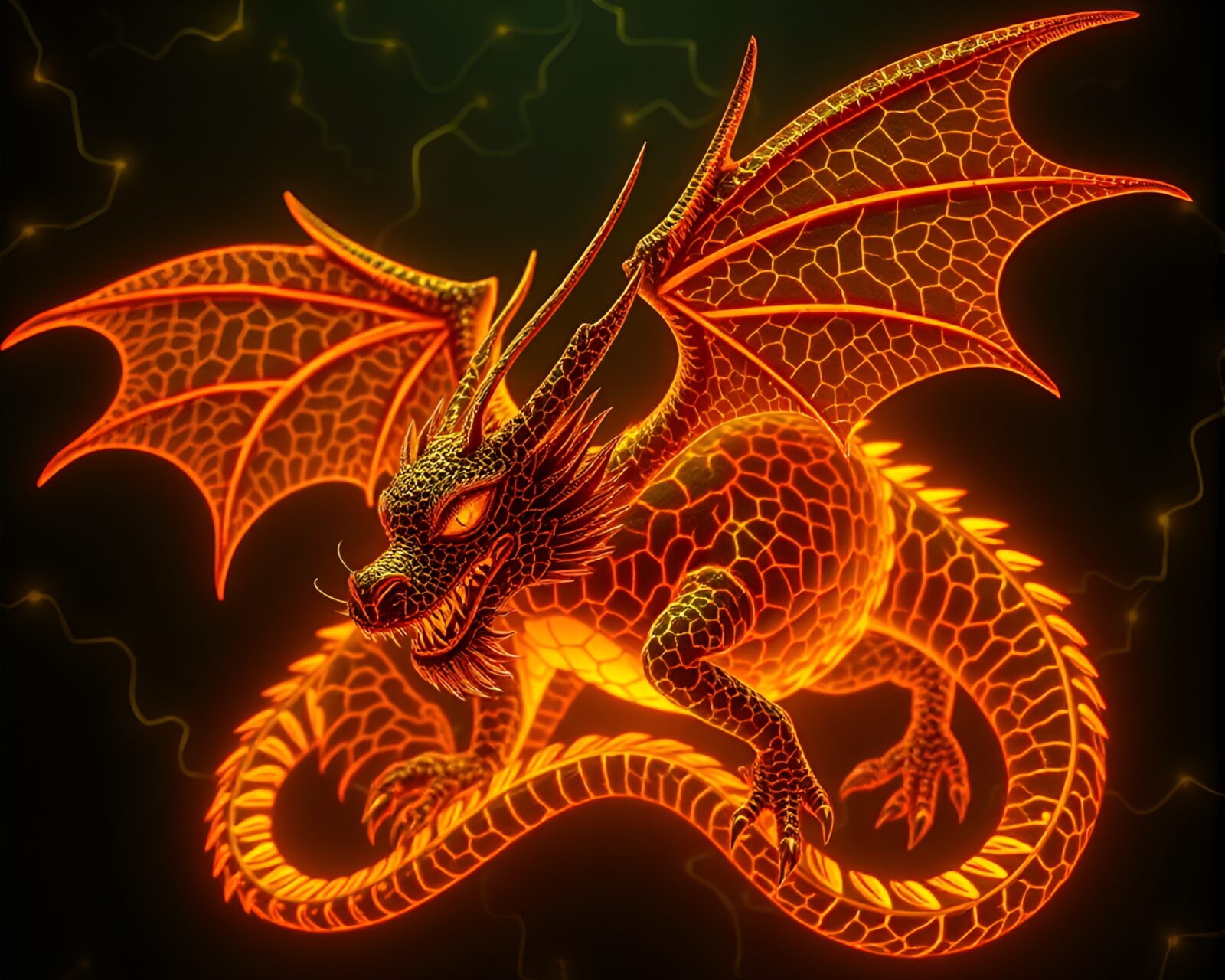 A mesmerizing, surreal dragon formed by glowing leaf vein patterns