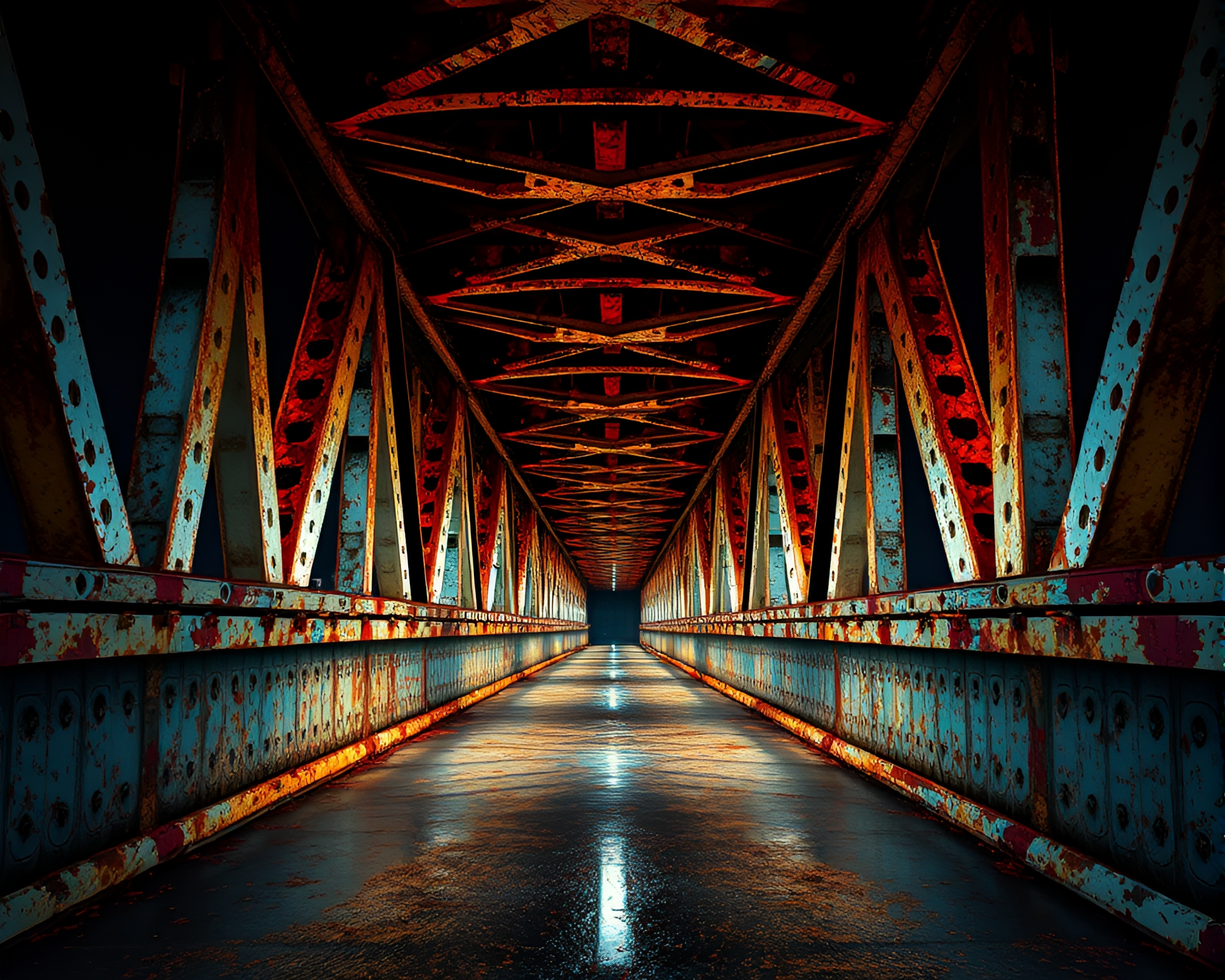 Rust Flake Bridge: Holographic Glitch Essence – free AI stock image