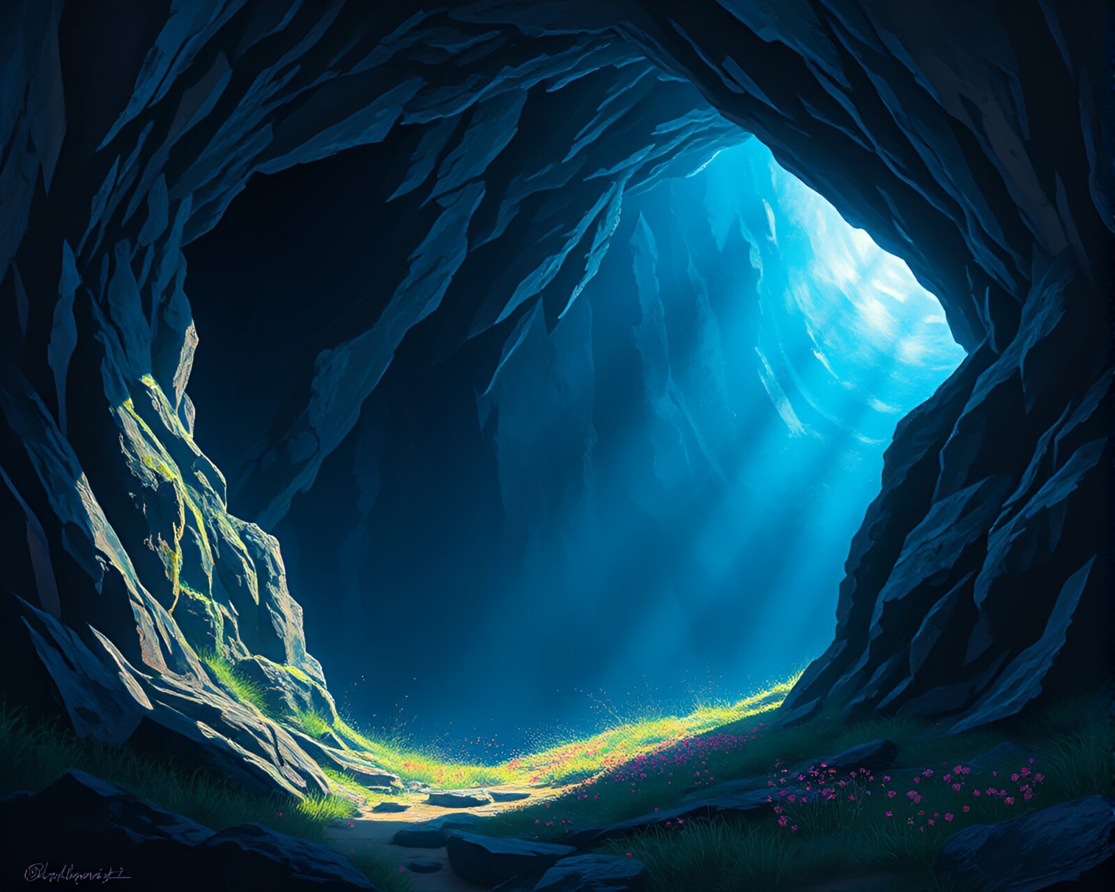 Mysterious crystal hovering in dimly lit cavern