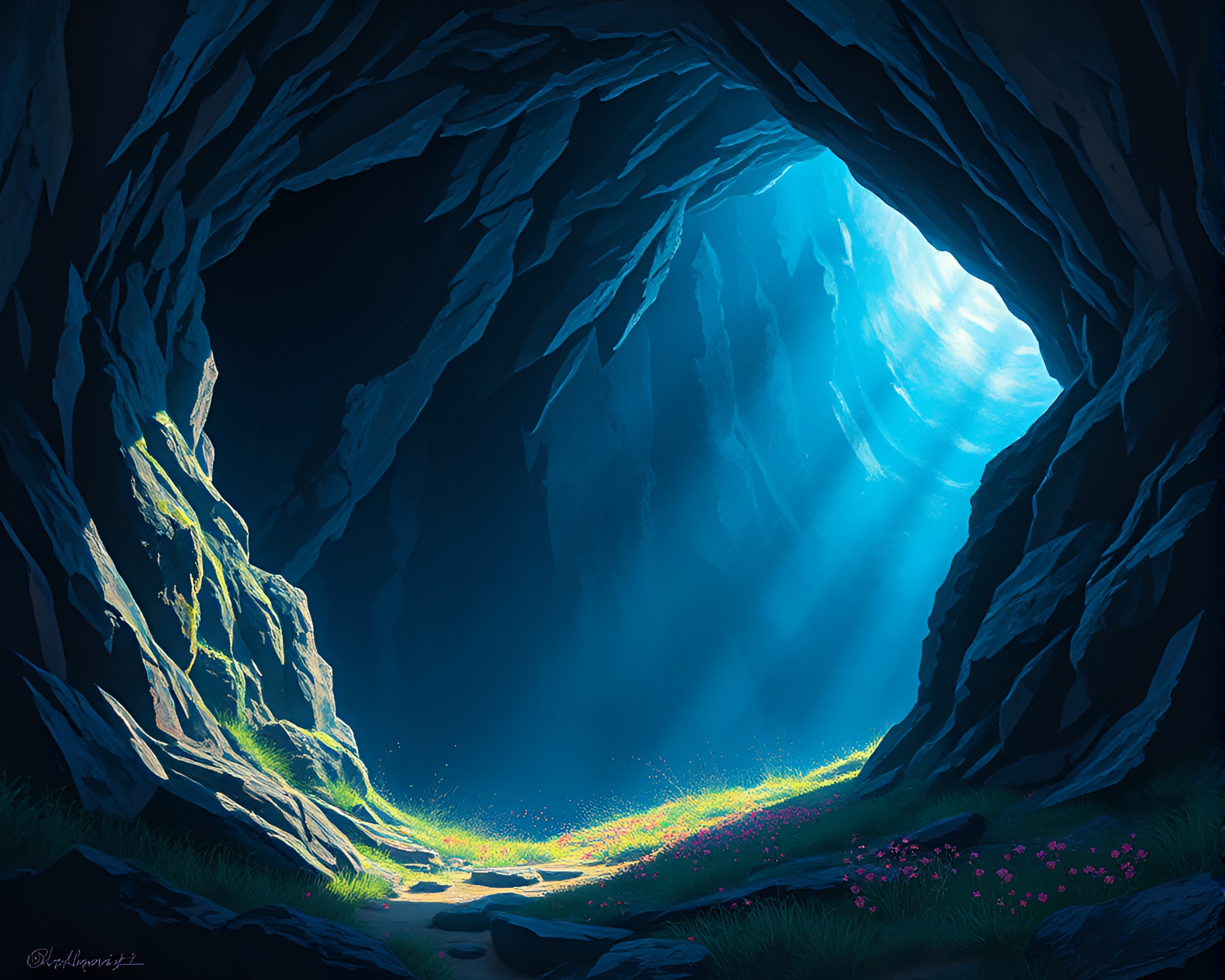 Ethereal Crystal Floats in Shadowy Cave Entrance – free AI stock image
