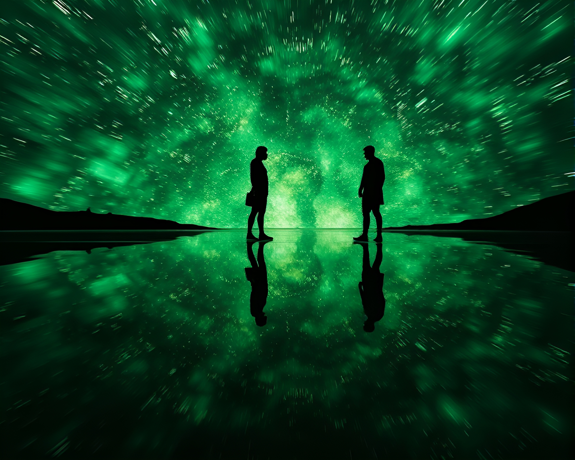 Emerald Reflections: Parallel Universe Silhouette Discovery – free AI stock image