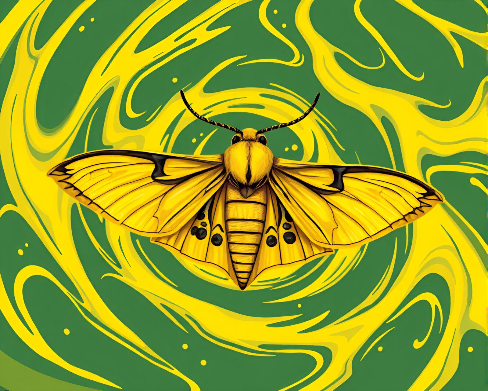 Swirling vortex of mustard yellow with intricate moth details