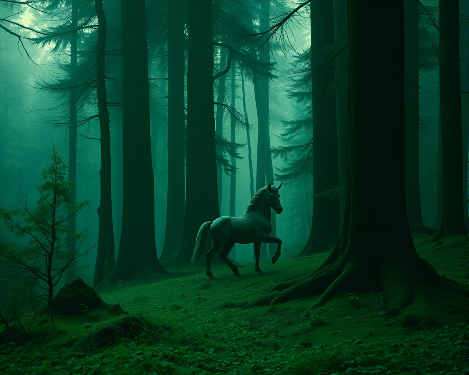 Surreal centaur in a glowing dystopian forest landscape