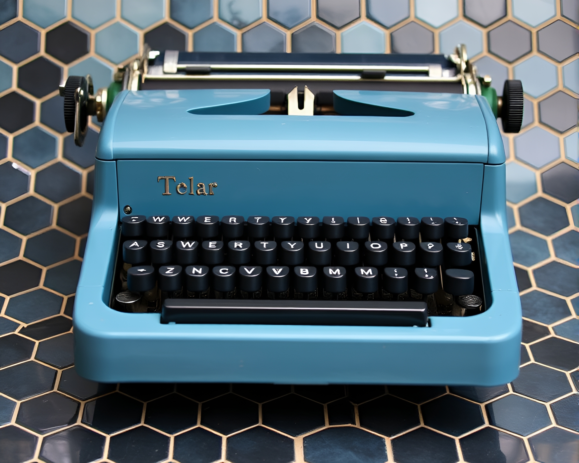 Vintage Hexagonal Typewriter in Steel-Blue Polaroid Frame – free AI stock image