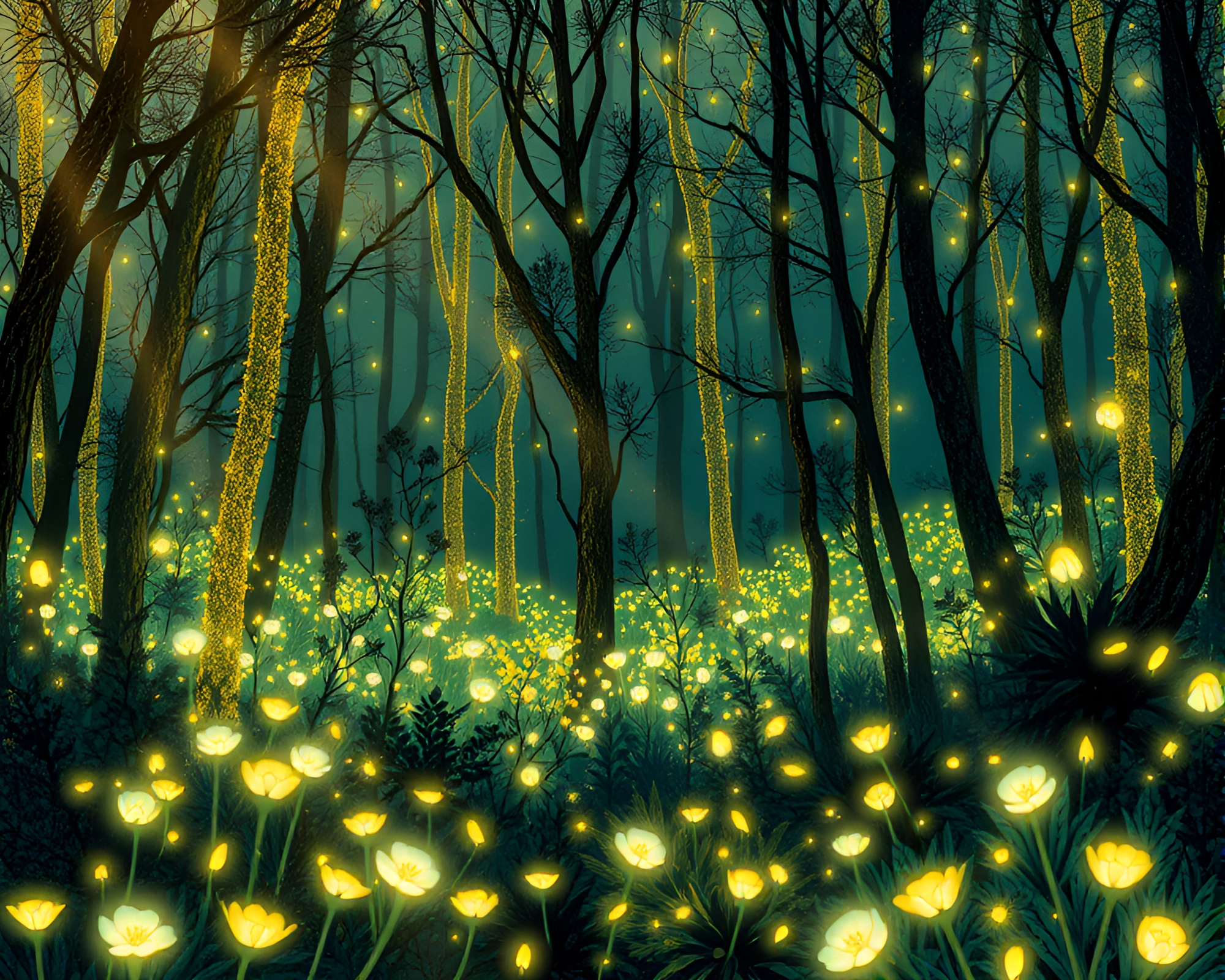 Bioluminescent Botanical Forest with Gold Foil Highlights – free AI stock image