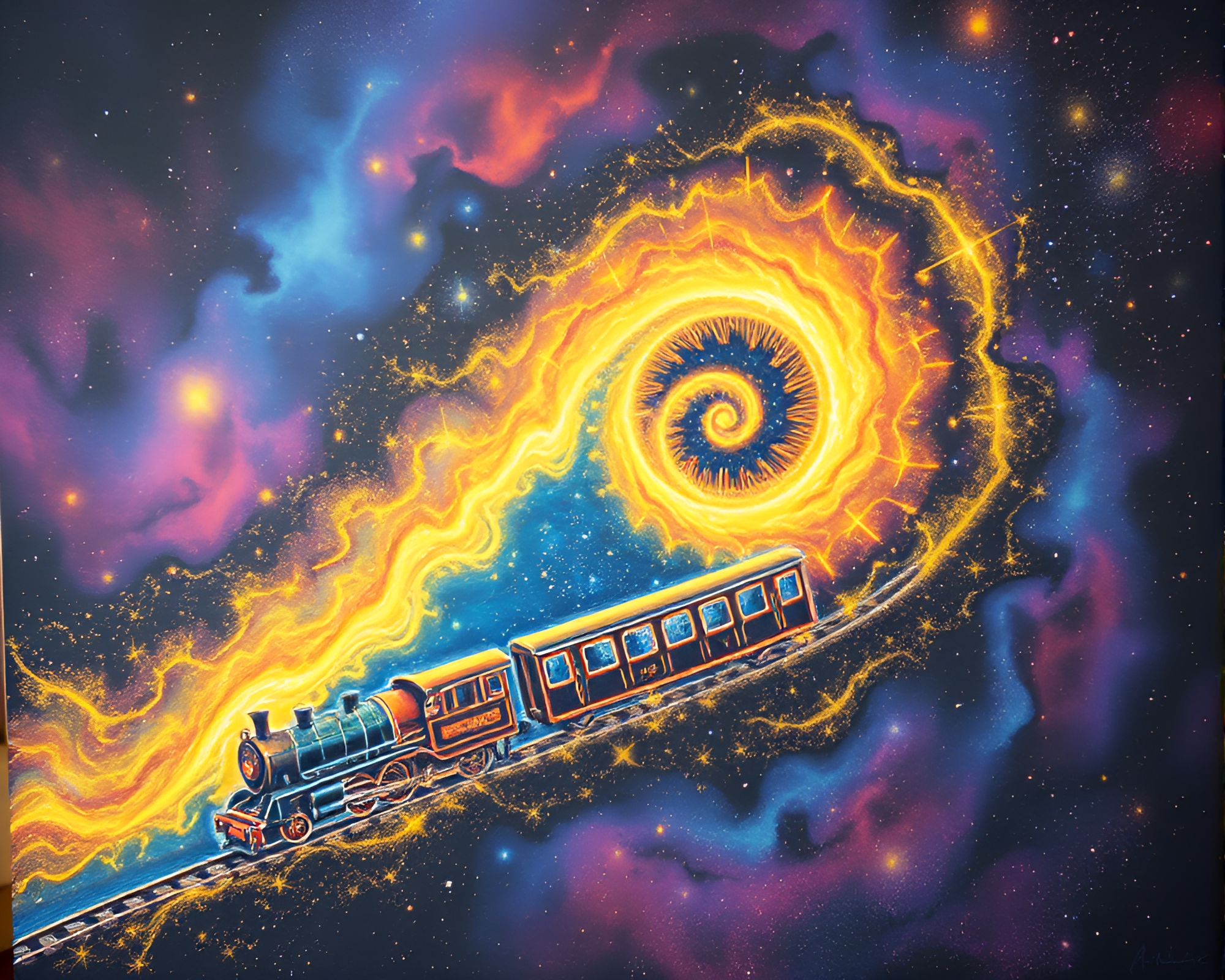 Golden Spiral Magnetic Levitation Among Cosmic Hues – free AI stock image