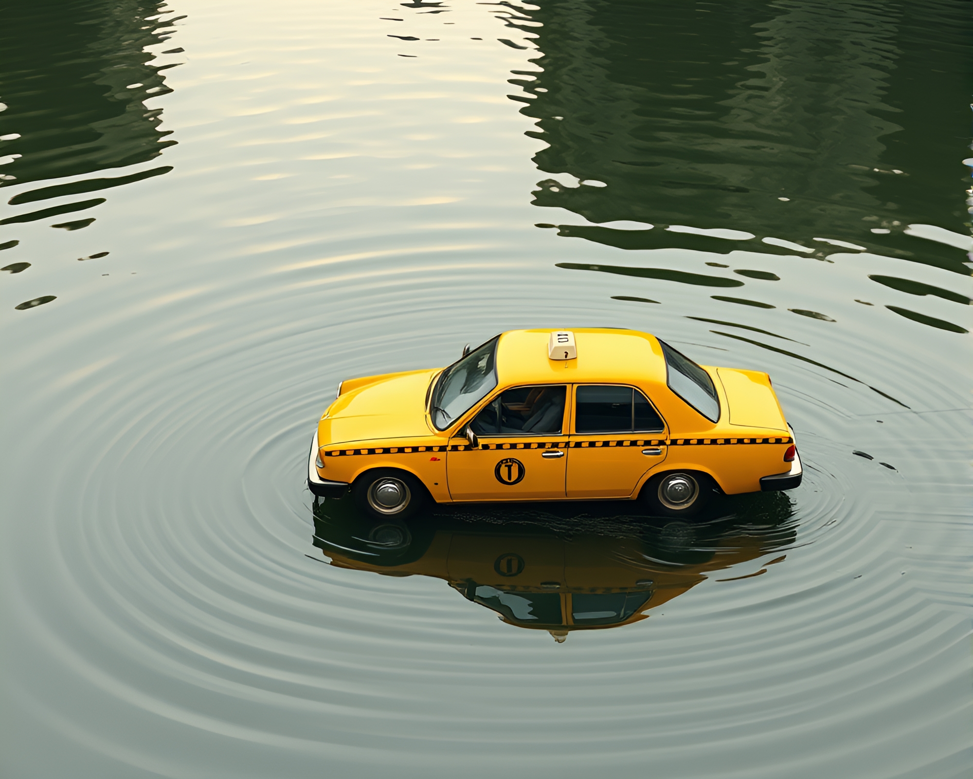 Water Reflections Hover Taxi in Mustard Yellow Fashion Illustration – free AI stock image
