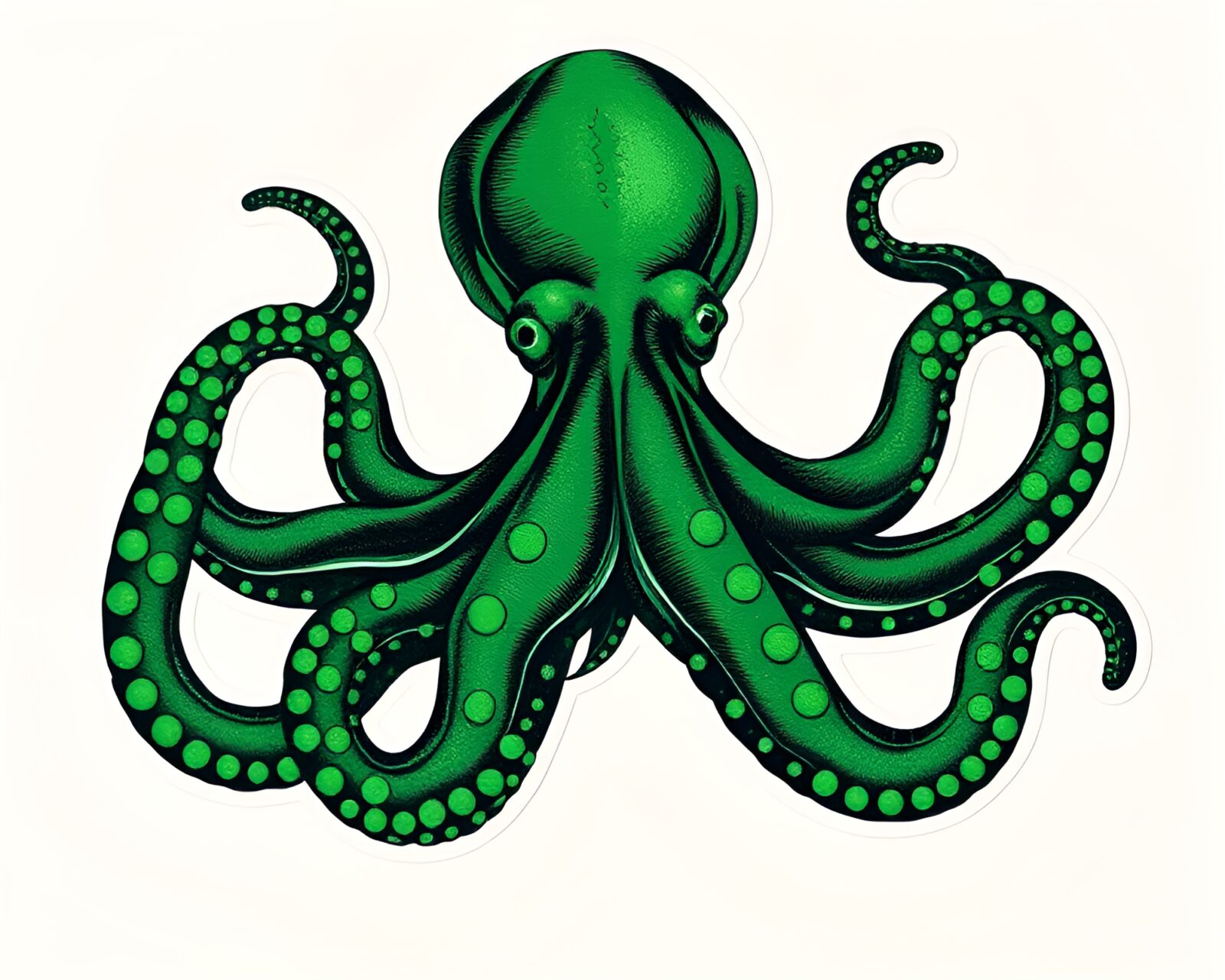 Intricate engraving of an octopus surrounded by emerald green hues