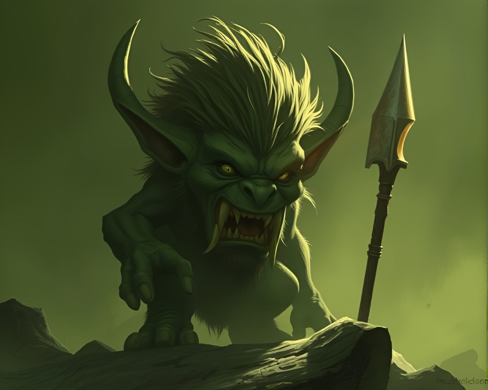 Illustration of a troll in olive drab tones with lens flare
