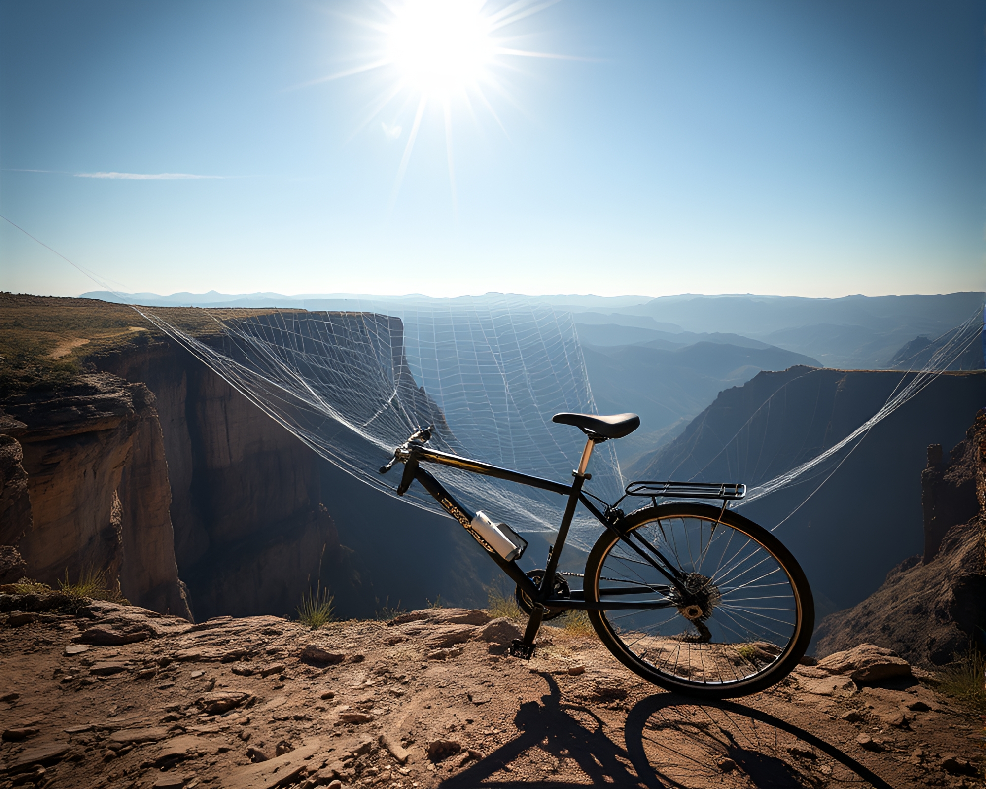 Solar-Powered Bike on Cliffside with Cobweb Strands – free AI stock image