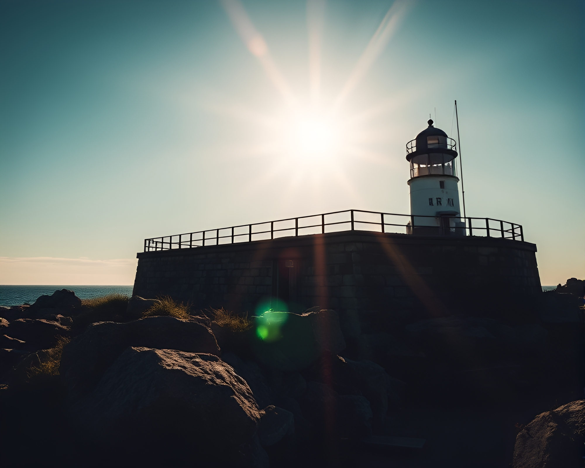 Eerie Lens Flare Illuminates Abandoned Lighthouse – free AI stock image