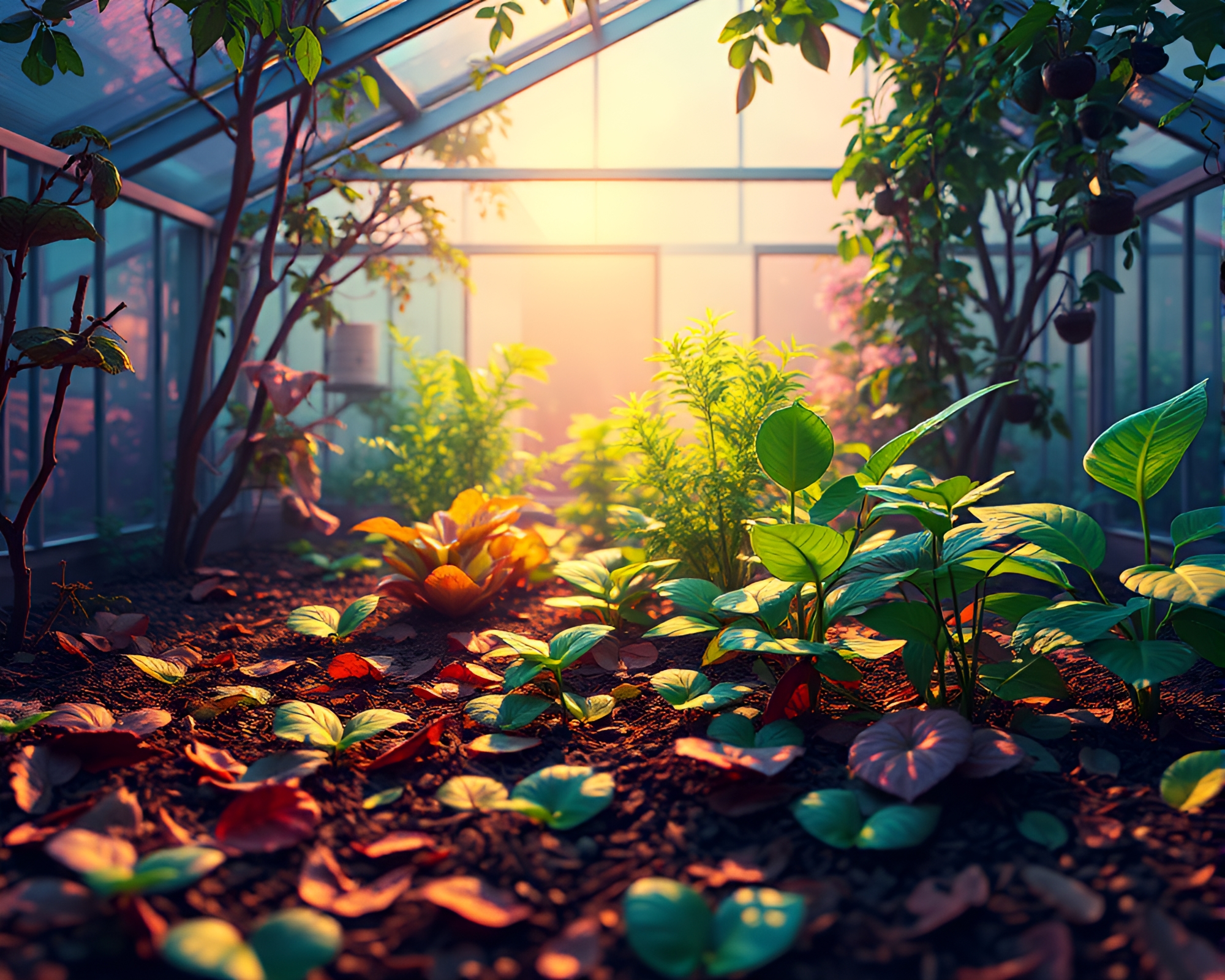 Glass Greenhouse Shimmering 8-Bit Leaf Litter Scene – free AI stock image