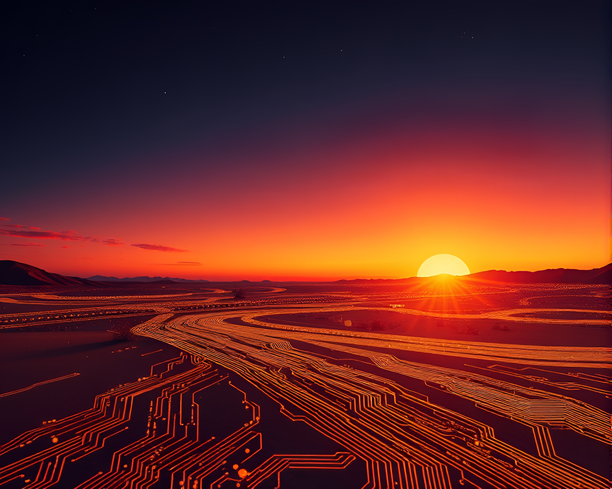 Trumpet Serenade Amid Desert Sunset Circuit Board Light Painting – free AI stock image