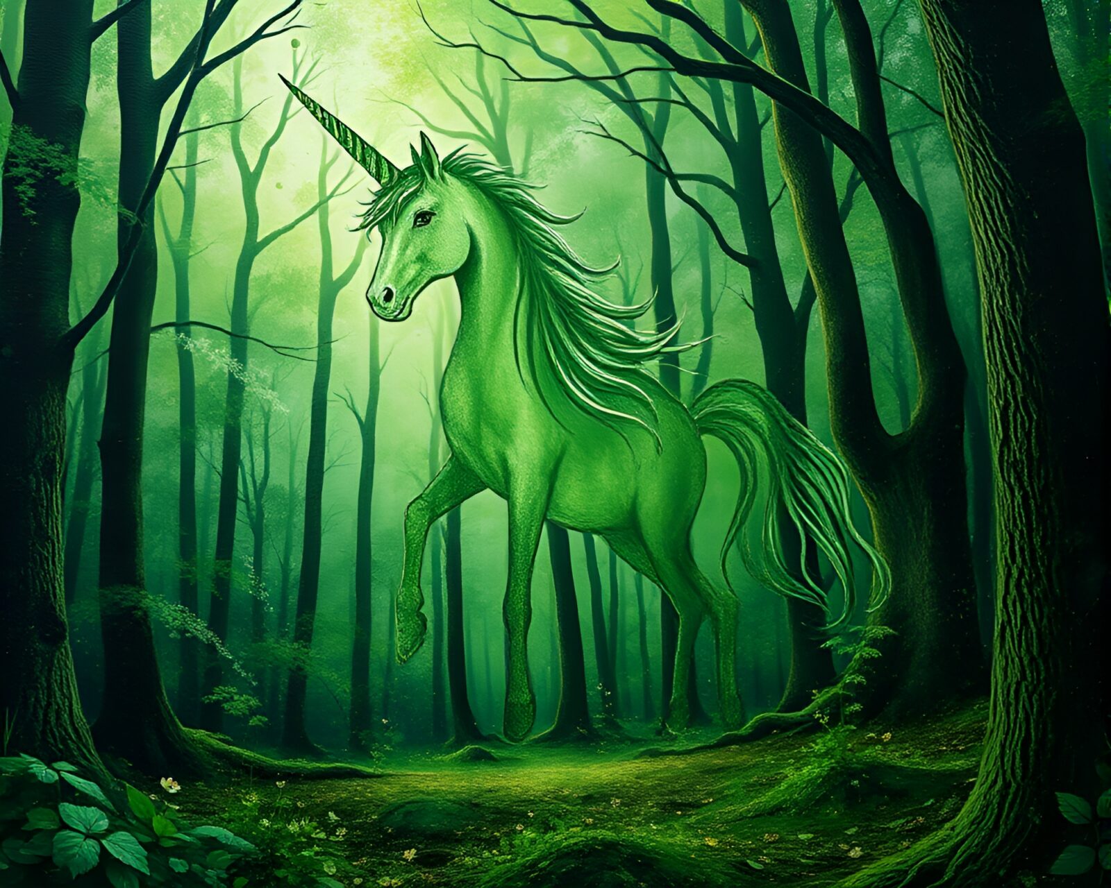 Majestic unicorn surrounded by intricate leaf vein patterns in splatter art style