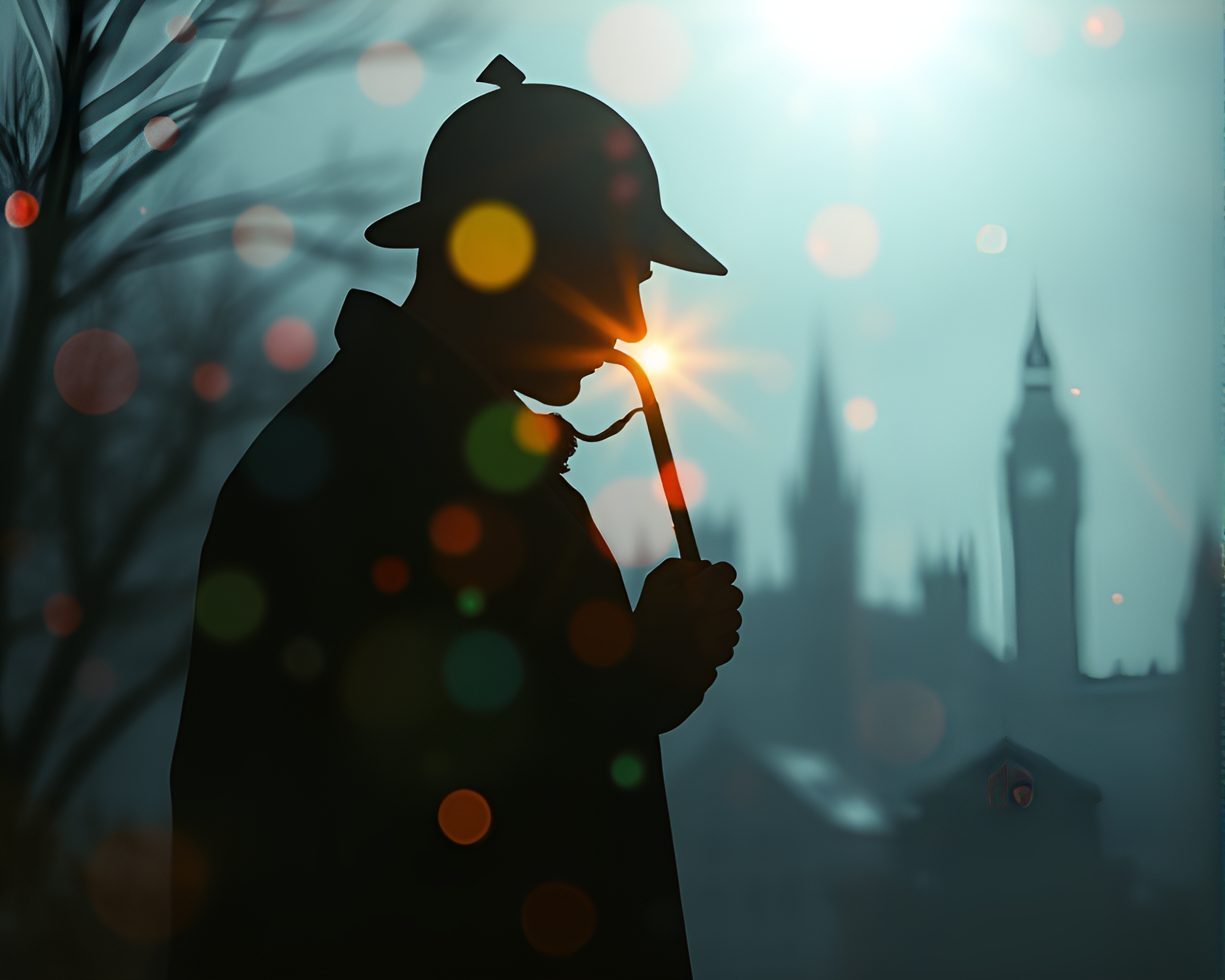 Sherlock Holmes Holographic Silhouette Amid Lens Flares – free AI stock image
