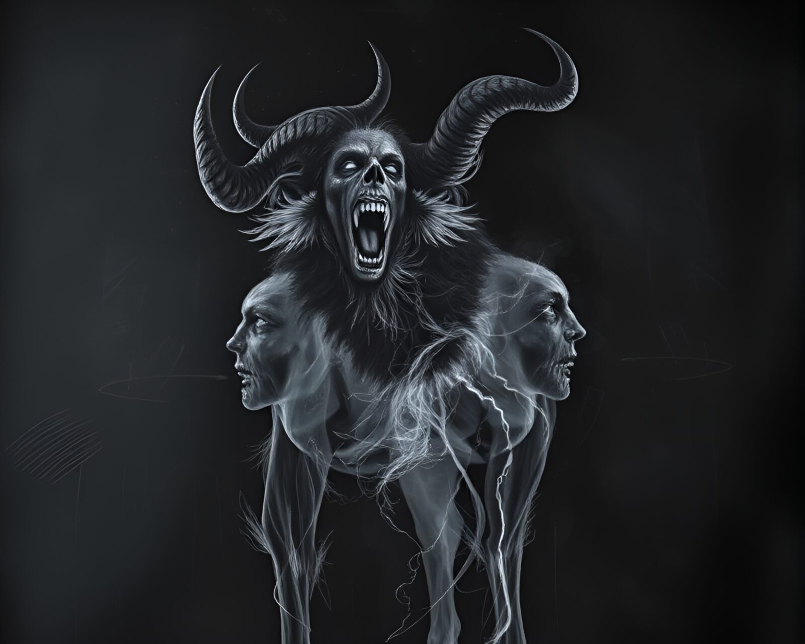 Desaturated chalkboard drawing of a mystical satyr in shadows