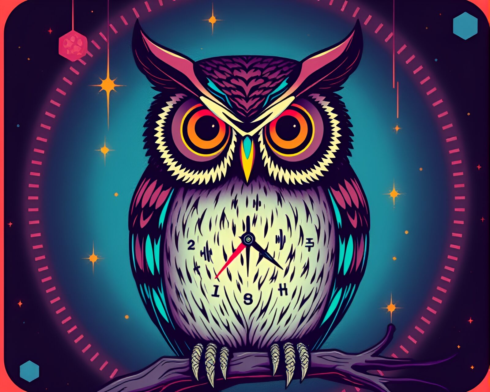 Colorful clockwork owl with vintage retro scanlines background