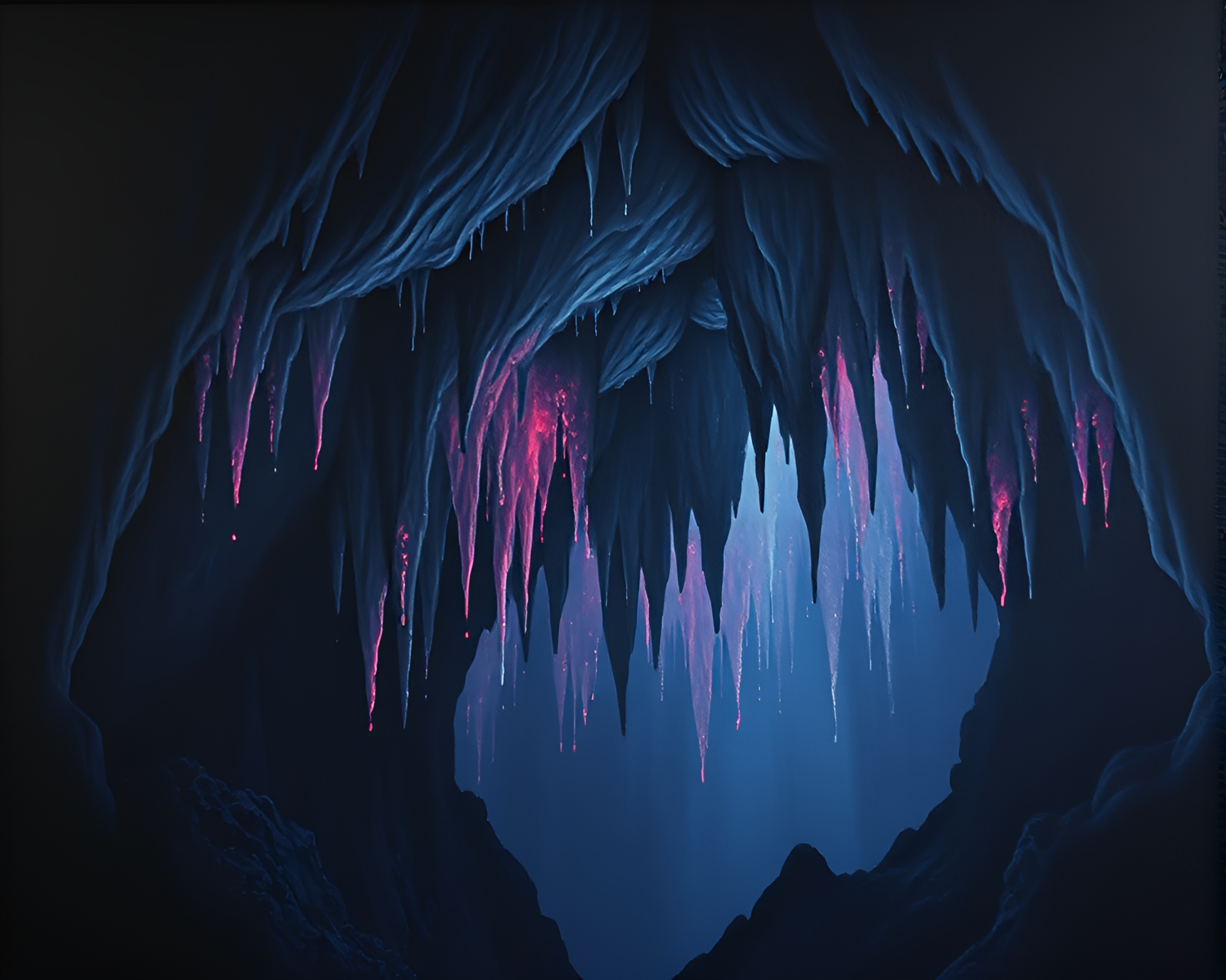 Gloomy LED Stalactite Cave Oil Painting – free AI stock image