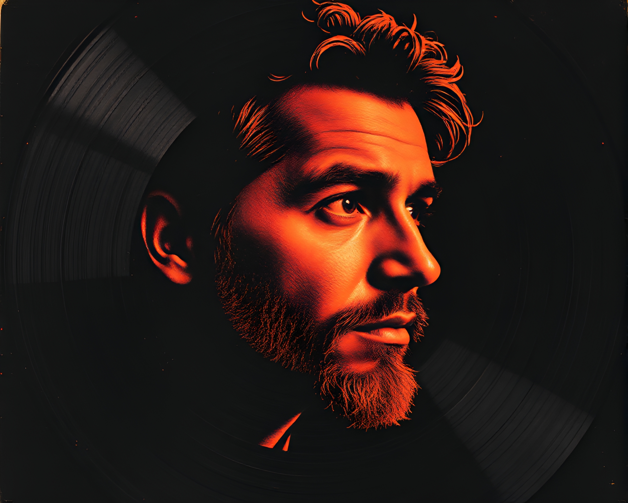 Intimate Vinyl Serenade in Halftone Copper Tones – free AI stock image