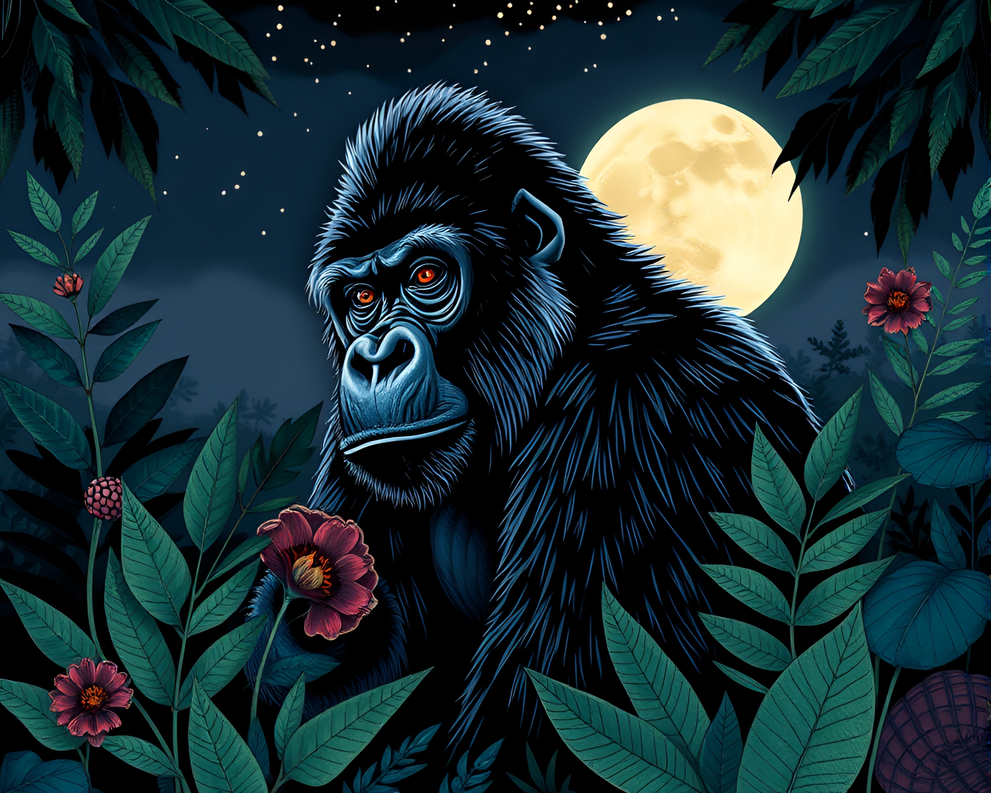 Moonlit Checkered Gorilla: Botanical Illustration – free AI stock image
