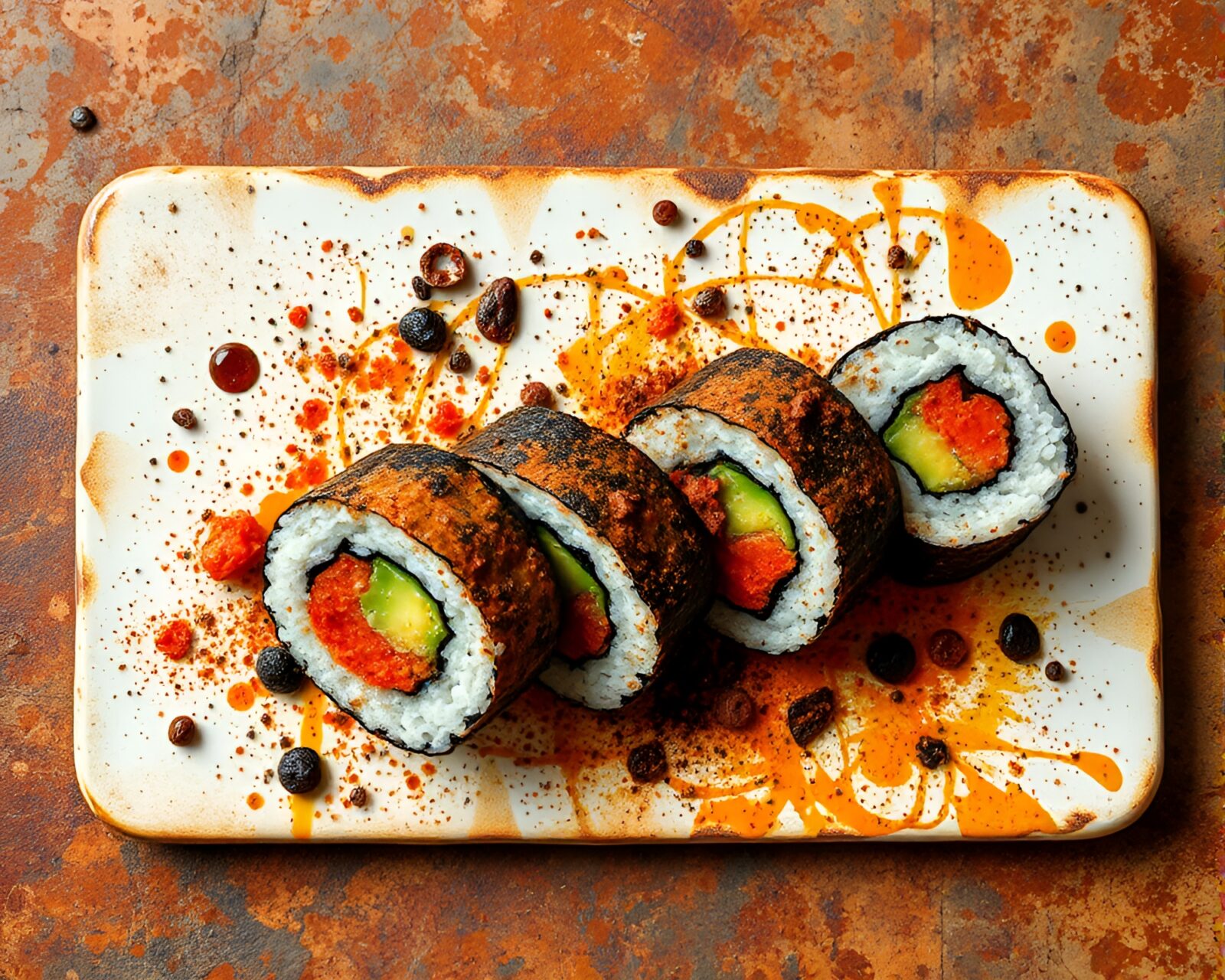 Abstract sushi platter with rust flake textures and paint splatter palette