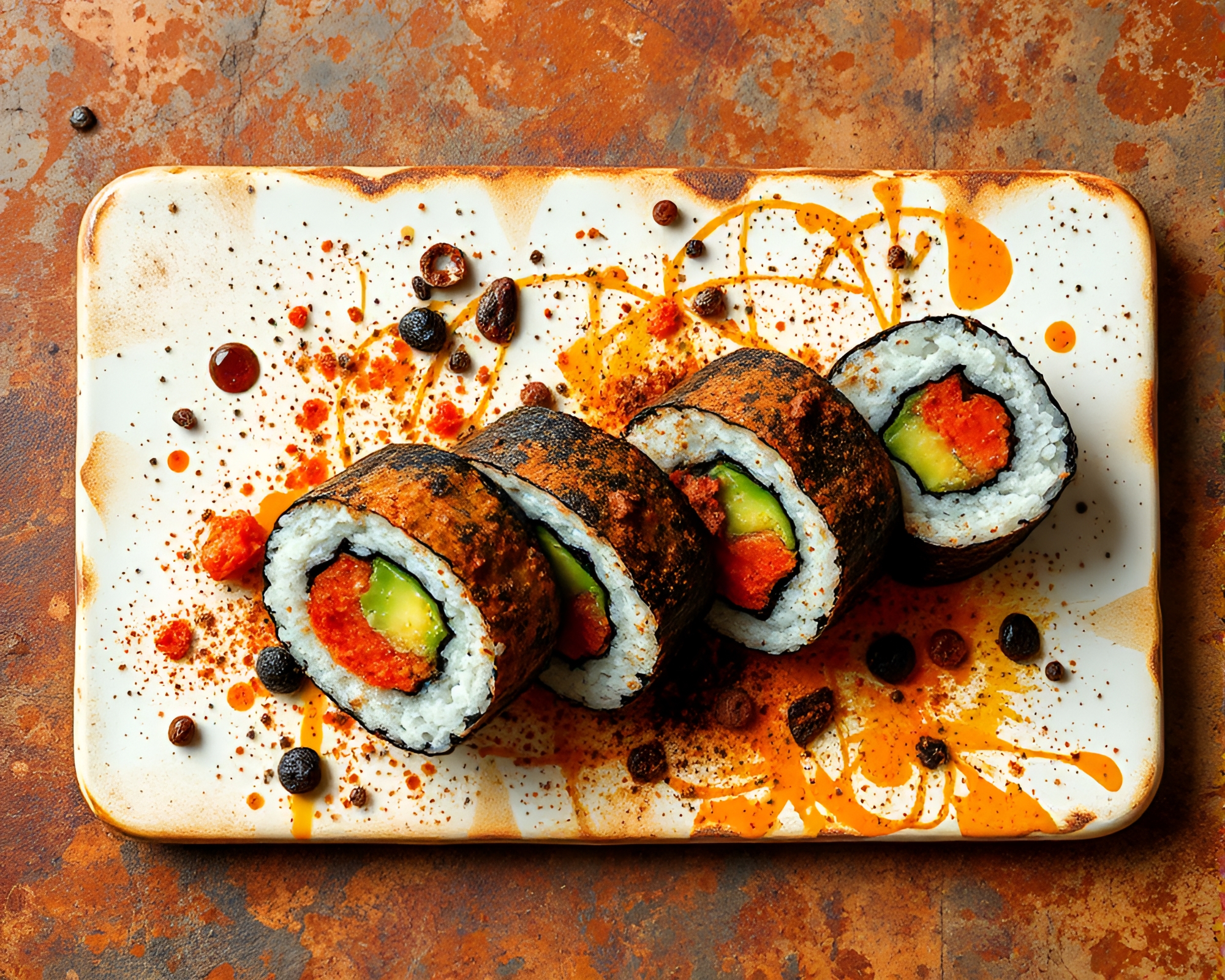 Rustic Sushi Art with Gouache Paint Splatters – free AI stock image