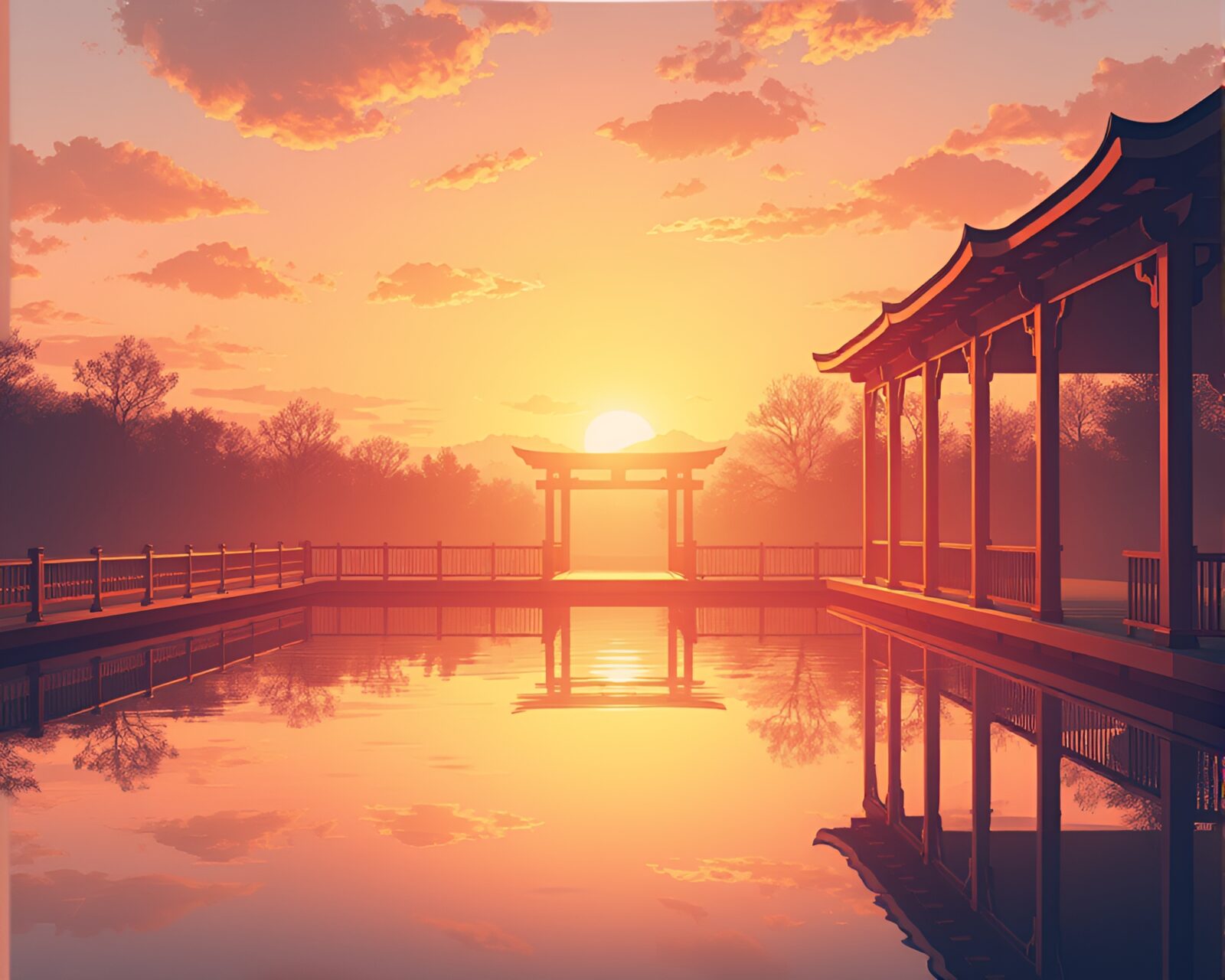 Tranquil scene of a floating pavilion's silhouette reflecting in serene waters