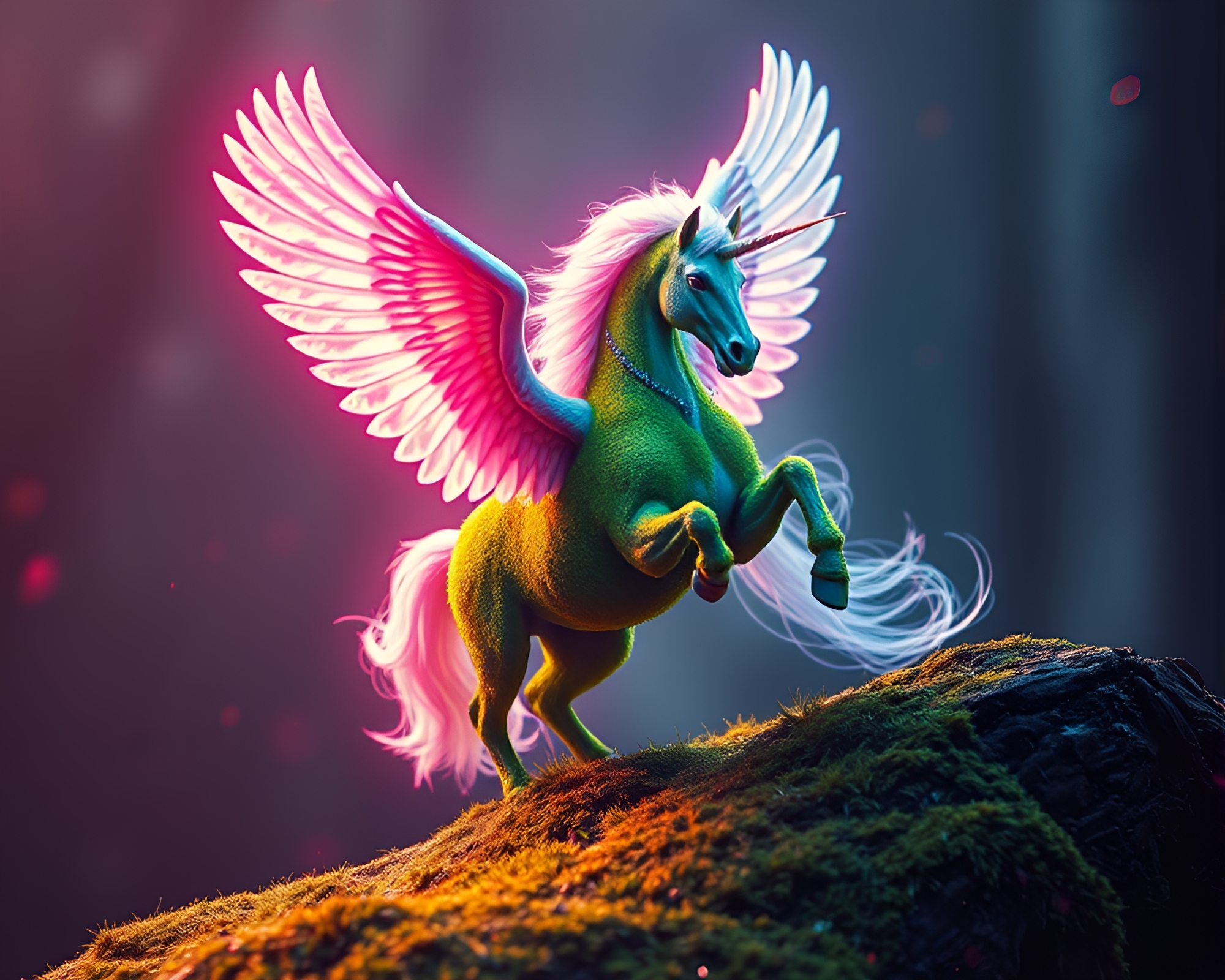 Enchanting Mossy Pegasus in Glitch Hologram Display – free AI stock image