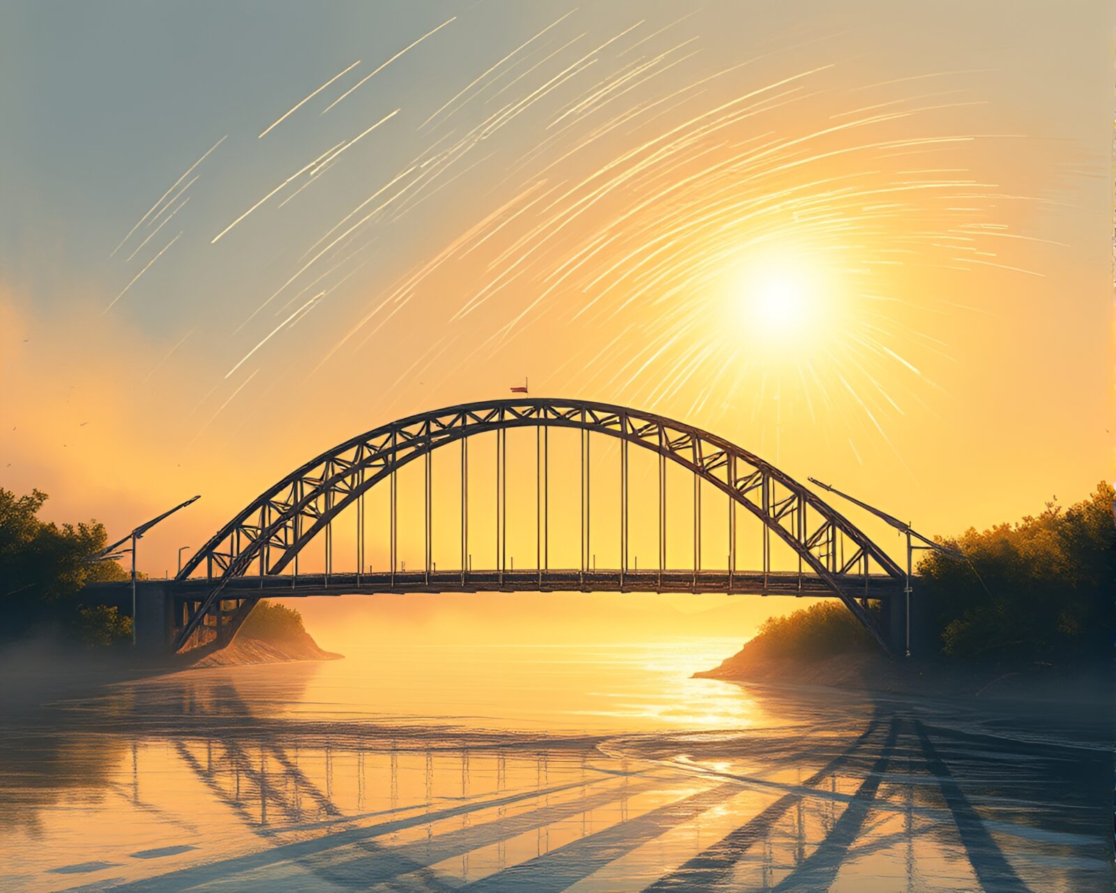 Fashion illustration of metallic arch bridge in sunrise light