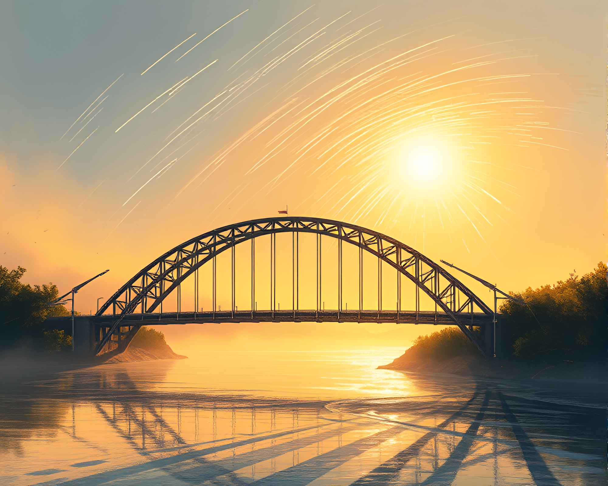 Golden Morning Light on Metallic Arch Bridge Fashion Sketch – free AI stock image