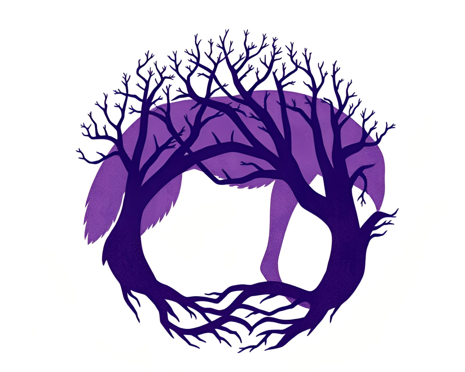 Detailed tree ring pattern with a lurking werewolf overlayed in blueprint style under amethyst lighting