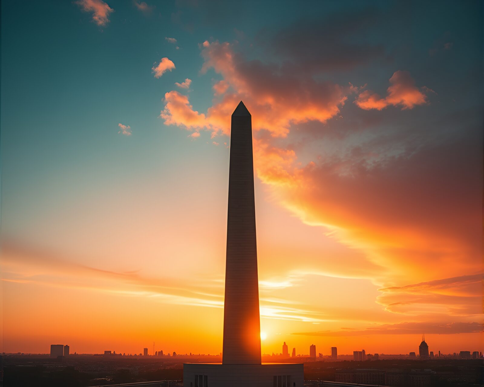 Warm hues illuminate grand obelisk from above at dusk