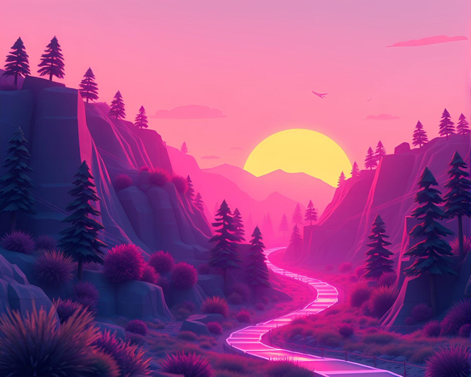 Vibrant neon tubing in a valley during the cool dawn