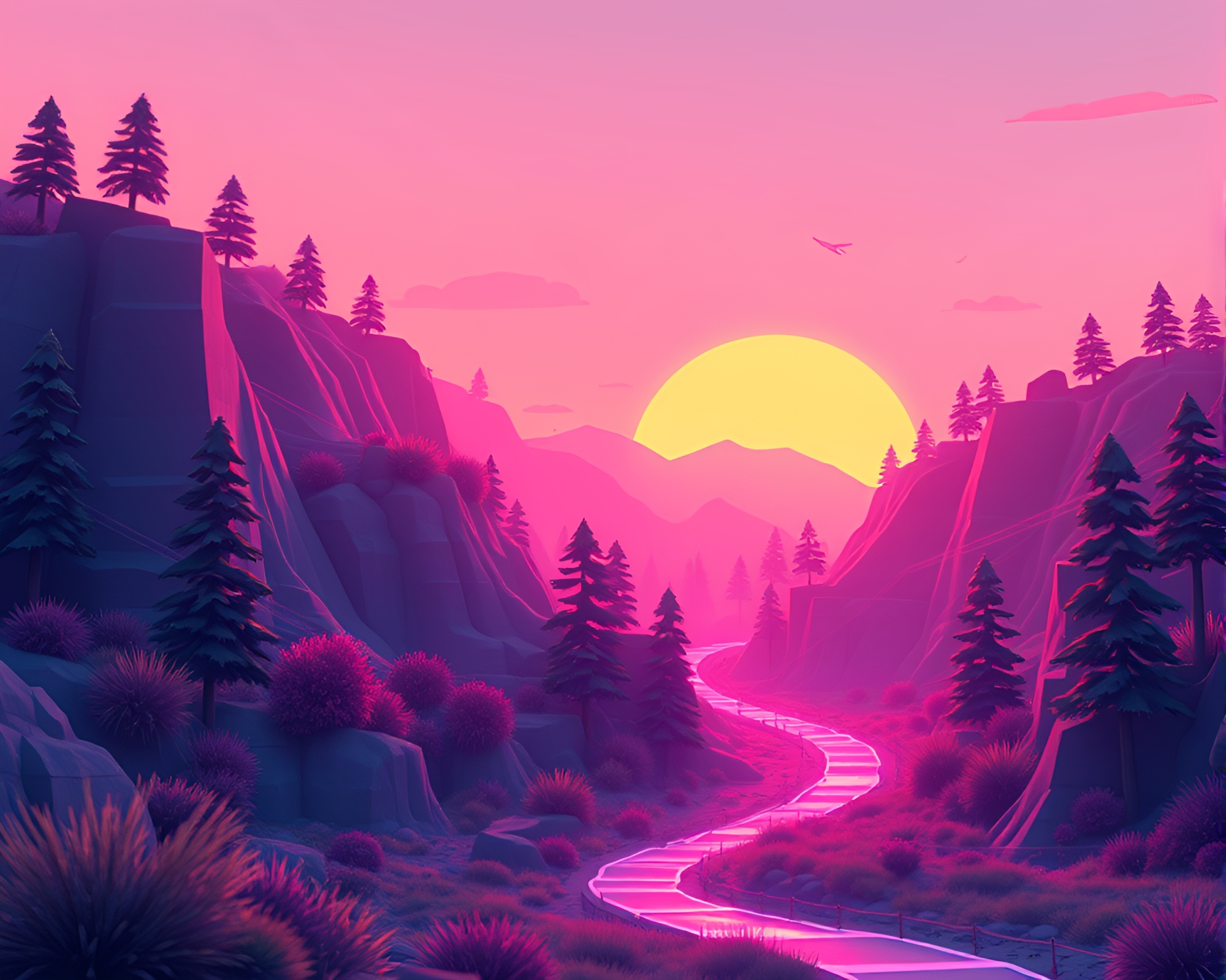 Neon Valley at Dawn: Voxel Art Illumination – free AI stock image
