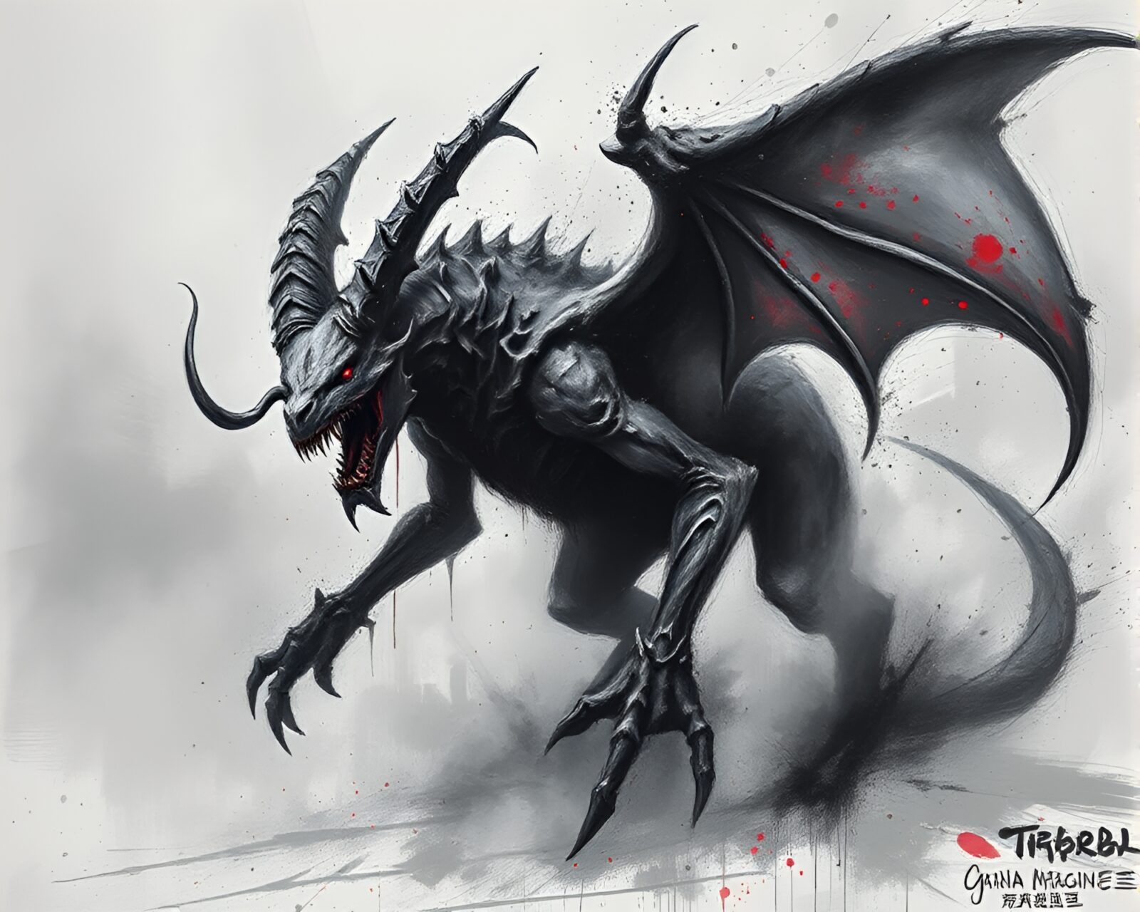 Chalk drawing of Cerberus shrouded in colorful fog