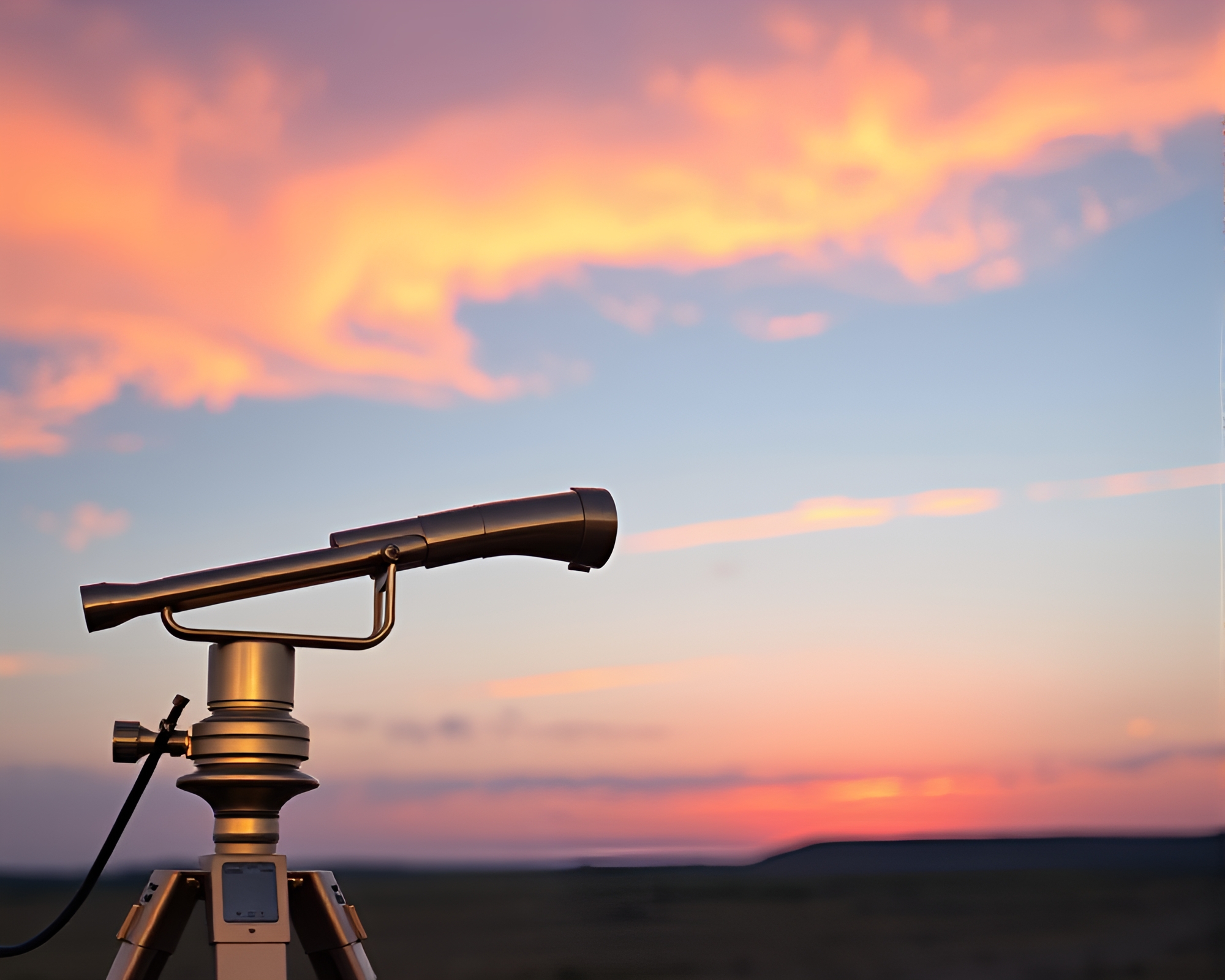 Brass telescope at sunrise with pastel sky – free AI stock image