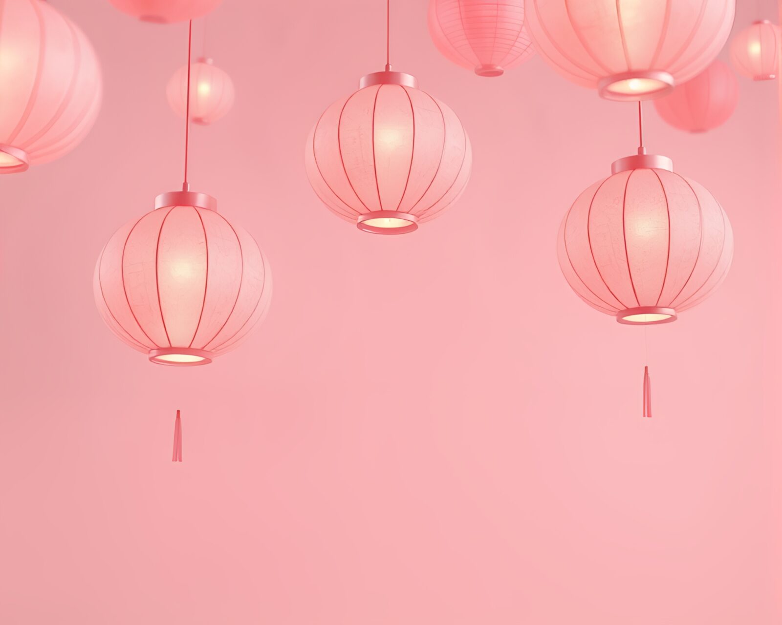 Surreal wireframe lanterns floating in ethereal blush pink sky