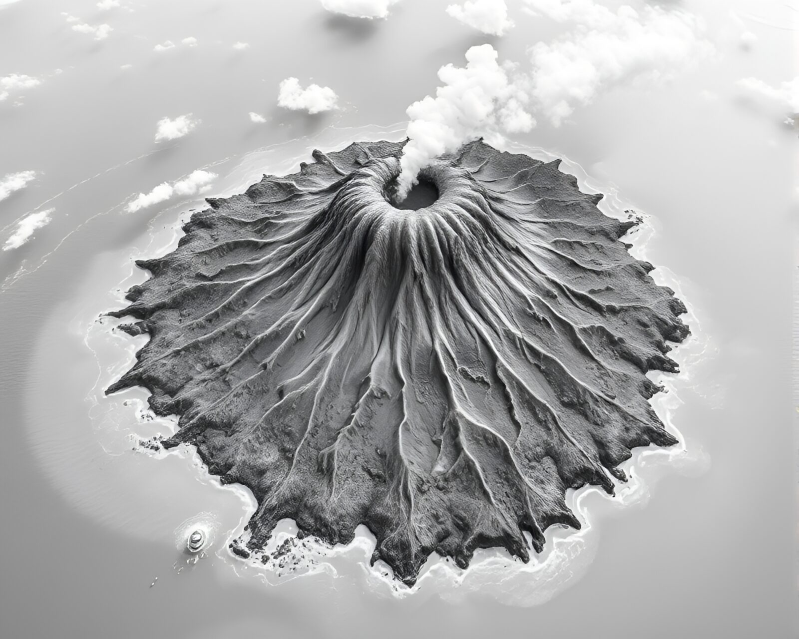 Graphite gray volcanic island from above in a technical style