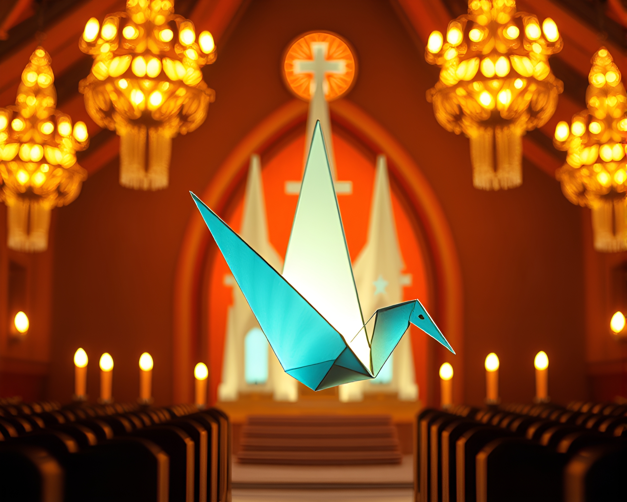 Maximalist Origami Crane with Church Candlelight – free AI stock image
