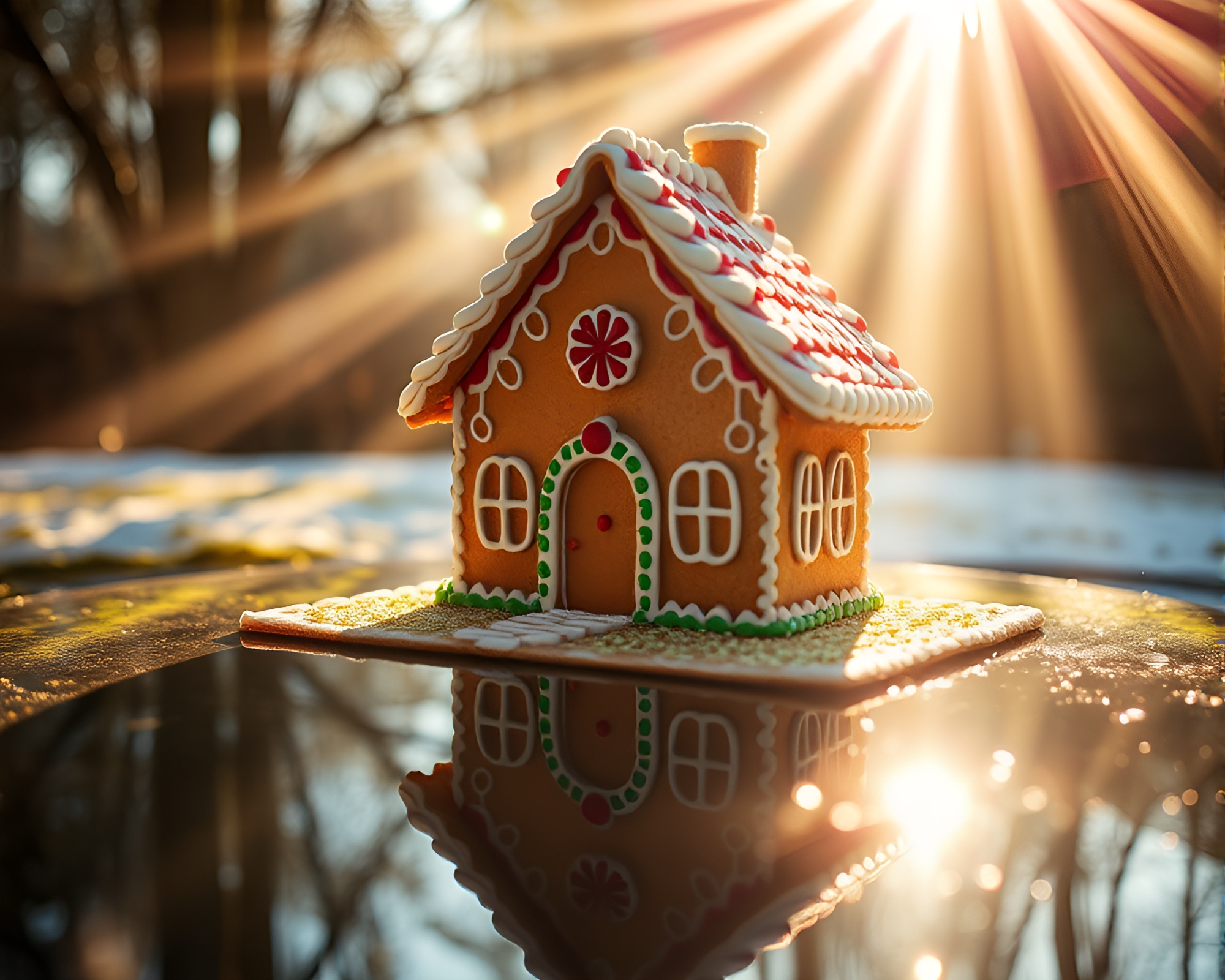 Double Reflection of Sunbeam on Gingerbread House – free AI stock image