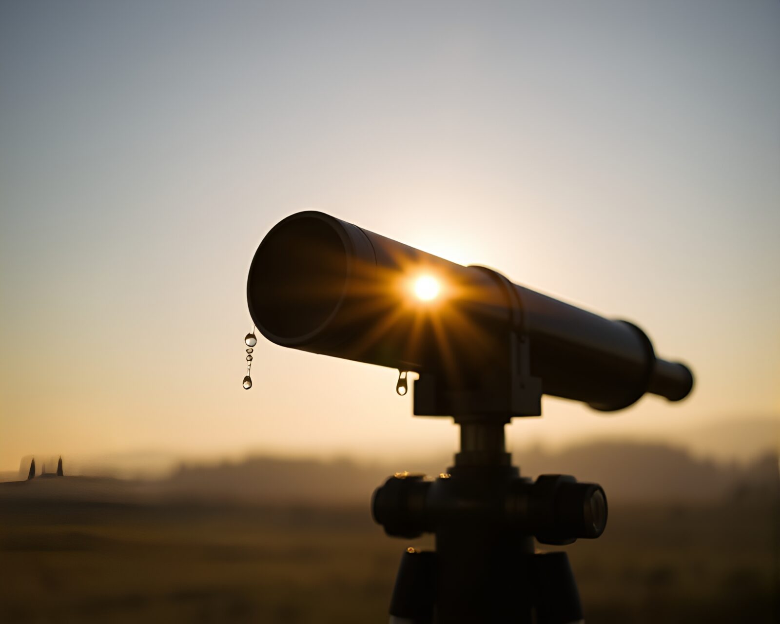 Backlit silhouette of brass telescope with water droplets at sunrise