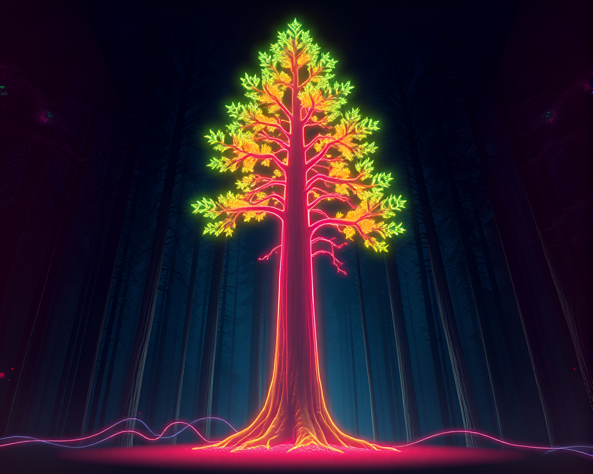 Neon Redwood Forest with Fiber Optic Patterns – free AI stock image