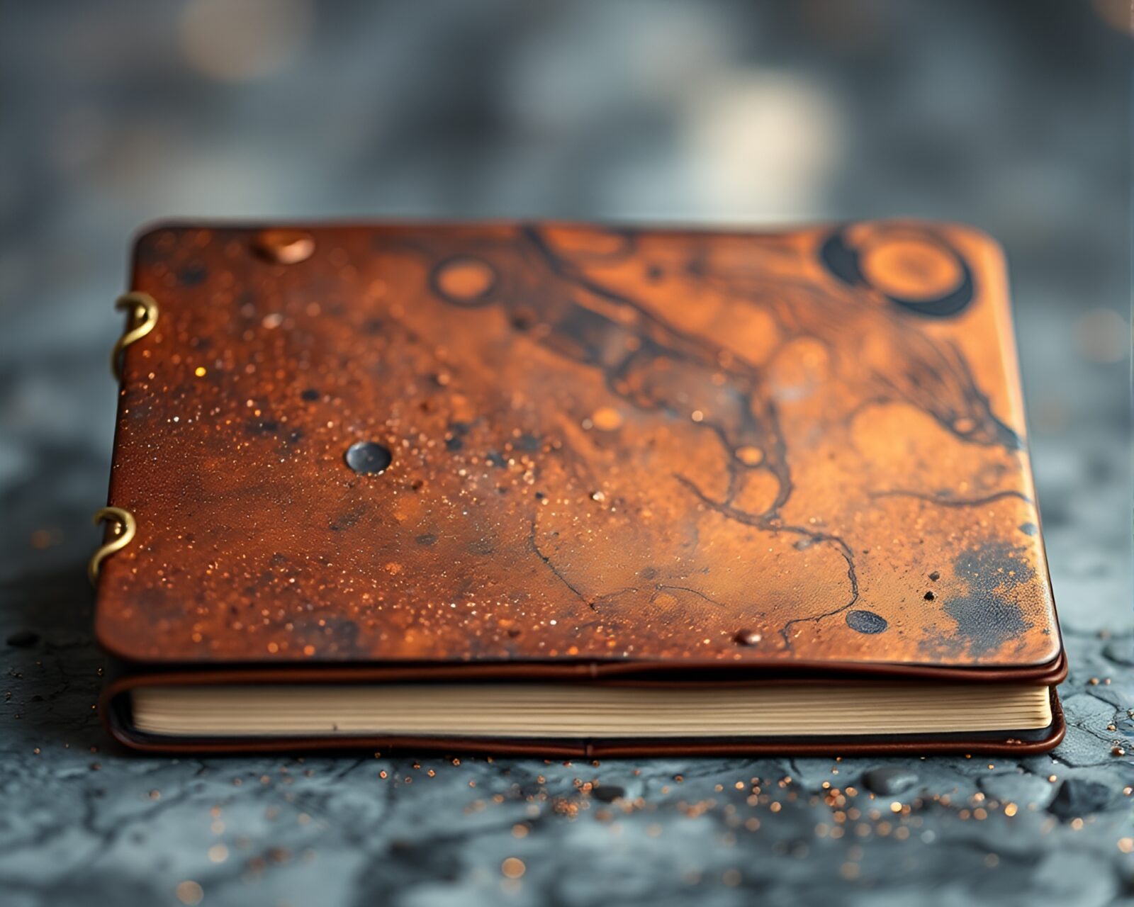 Soft focus image of a bronze journal floating in cosmic dust