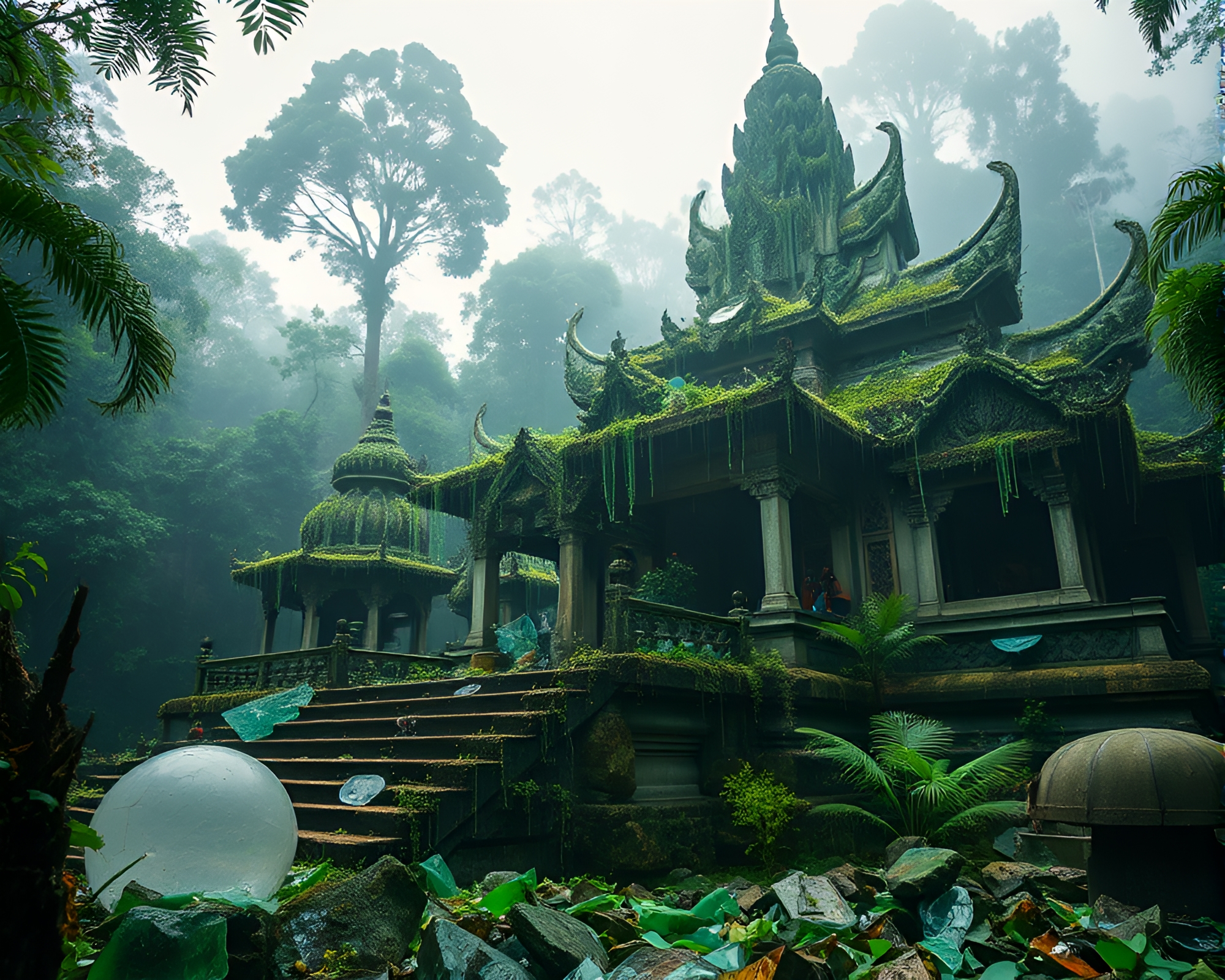 Glass Temple in Rainforest Green Haze – free AI stock image