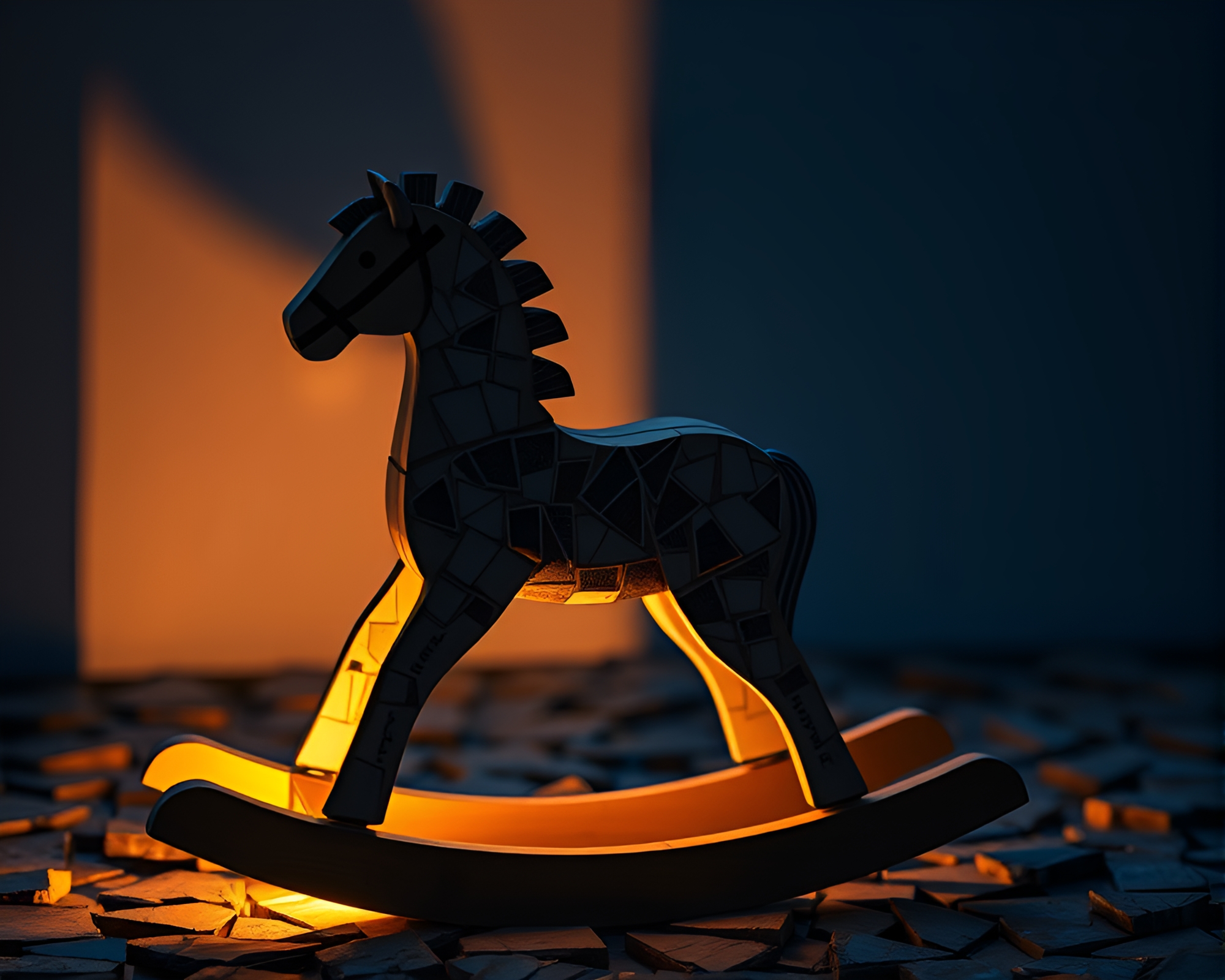Ethereal Wooden Rocking Horse Mosaic Fragment – free AI stock image