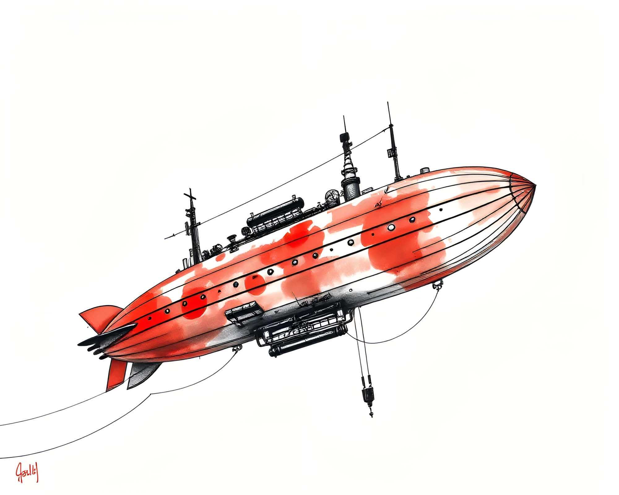 Steampunk Airship in Monochrome Red Ink Wash Style – free AI stock image