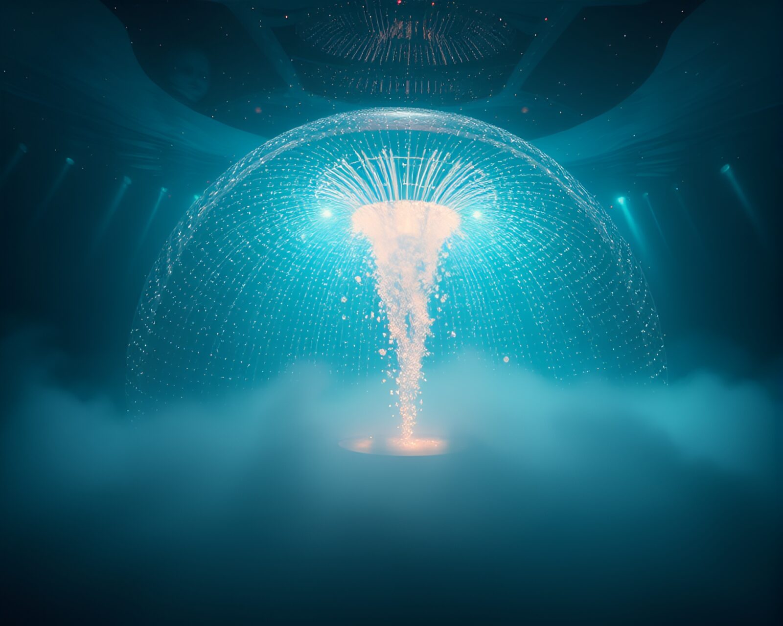Mystical underwater scene with glowing calligraphy and foggy lighting